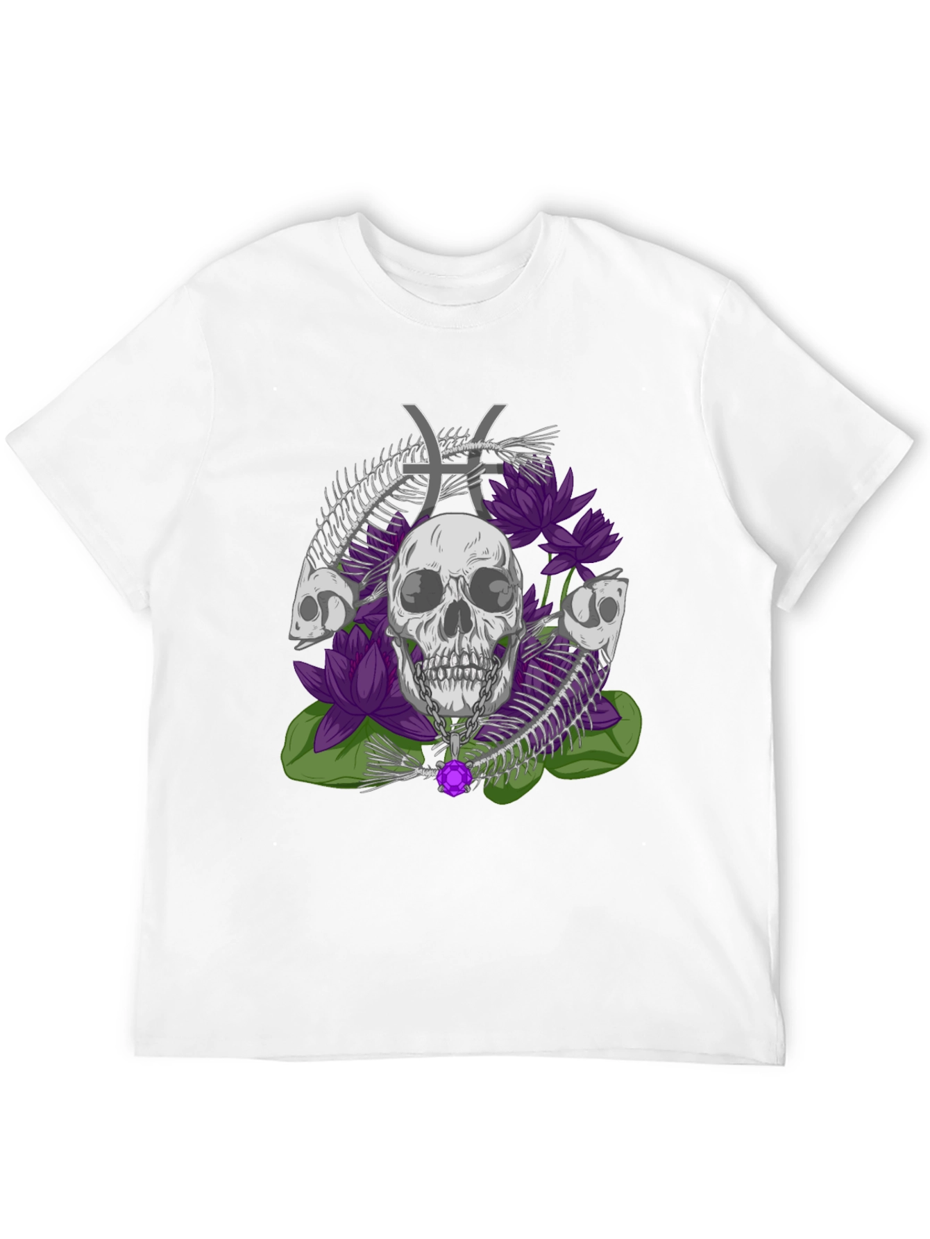 Camiseta Estampada: Calavera Flores y Signo Piscis