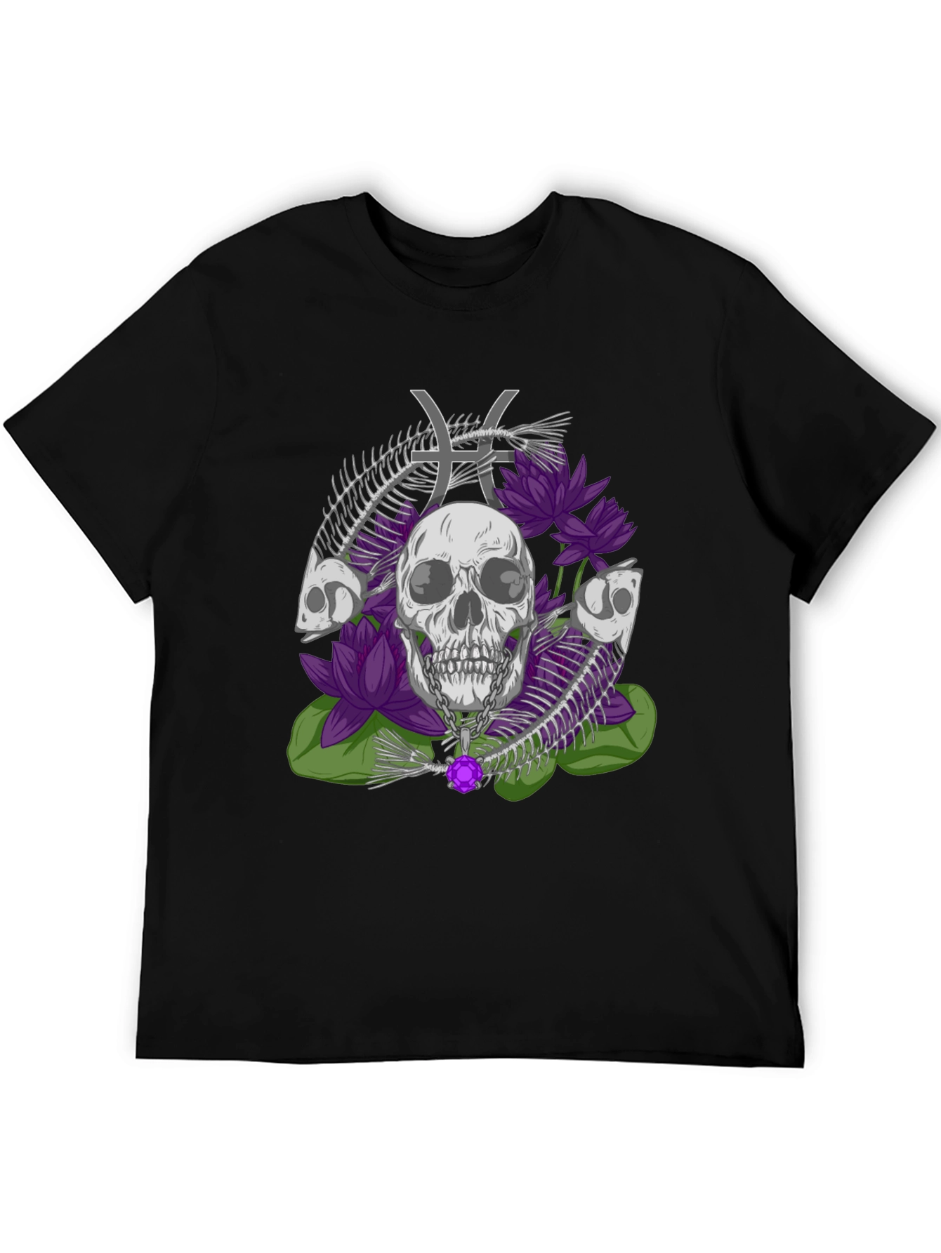 Camiseta Estampada: Calavera Flores y Signo Piscis