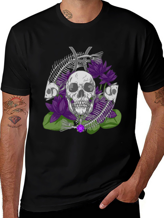 Camiseta Estampada: Calavera Flores y Signo Piscis