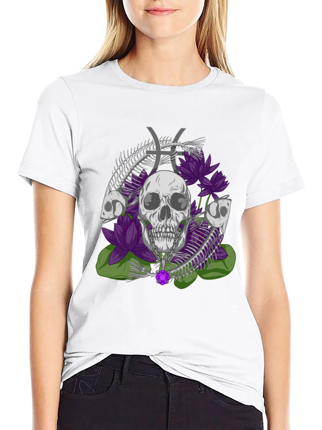 Camiseta Estampada: Calavera Flores y Signo Piscis