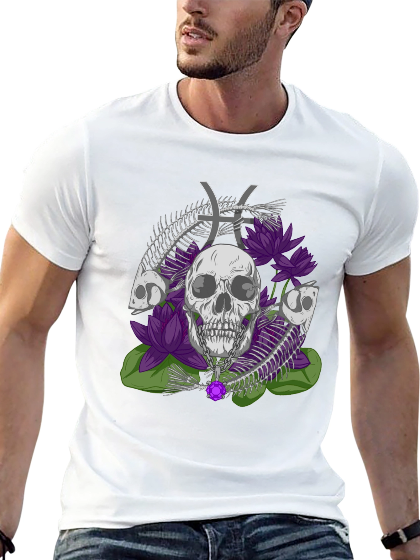 Camiseta Estampada: Calavera Flores y Signo Piscis