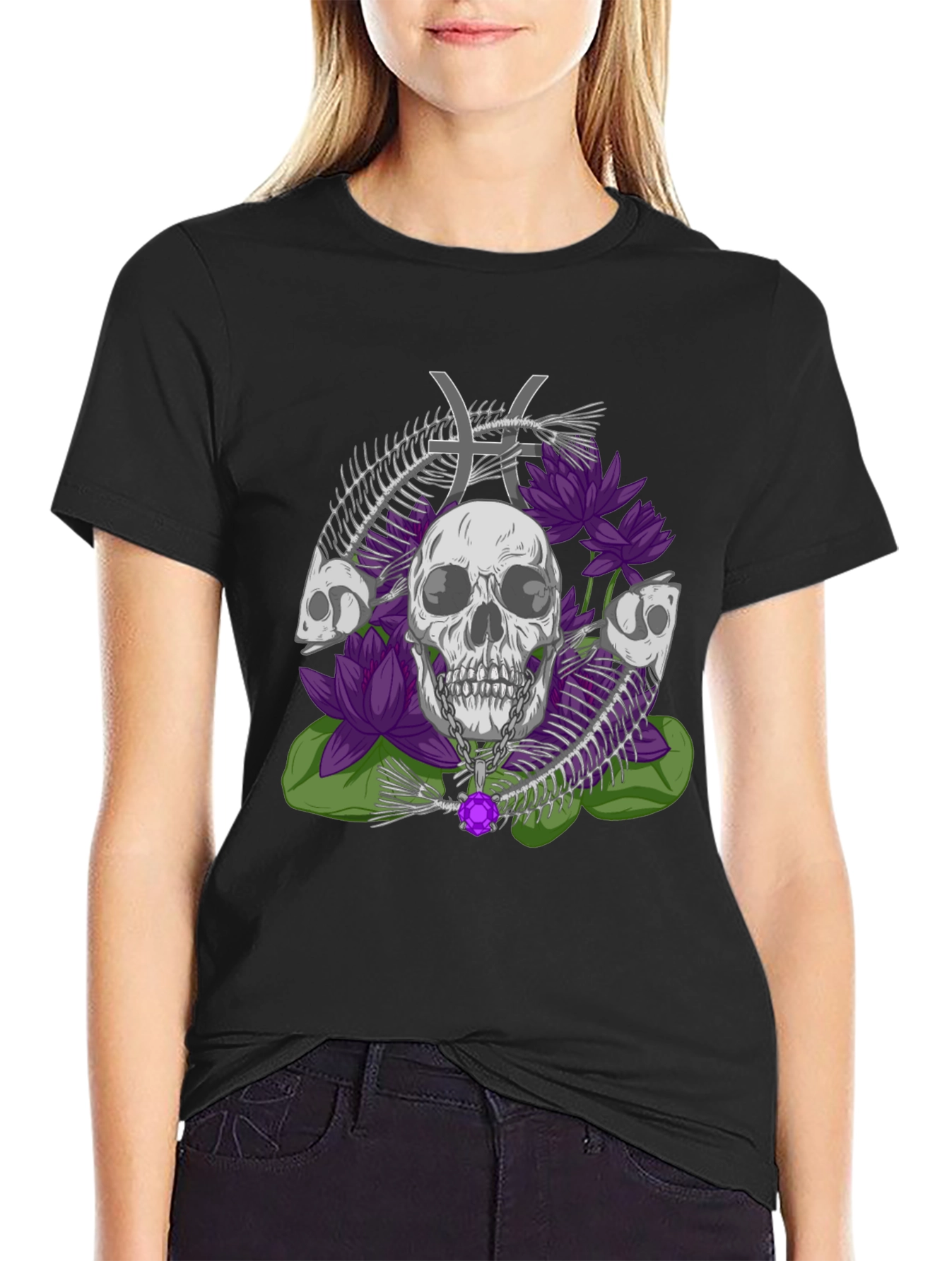 Camiseta Estampada: Calavera Flores y Signo Piscis