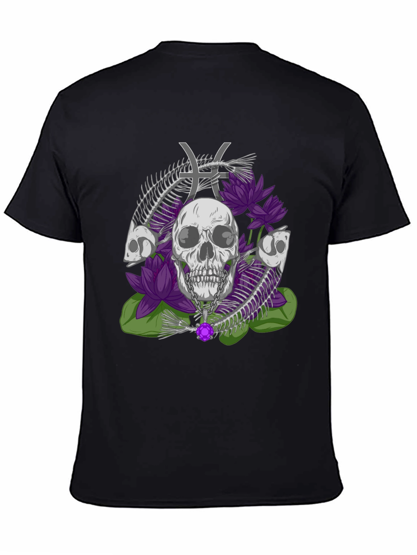Camiseta Estampada: Calavera Flores y Signo Piscis