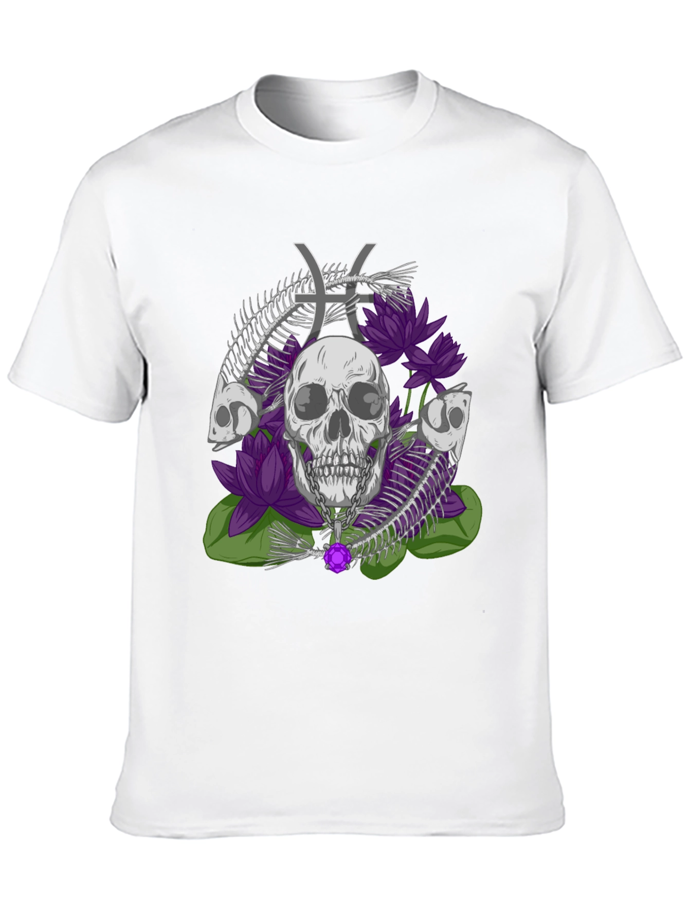 Camiseta Estampada: Calavera Flores y Signo Piscis