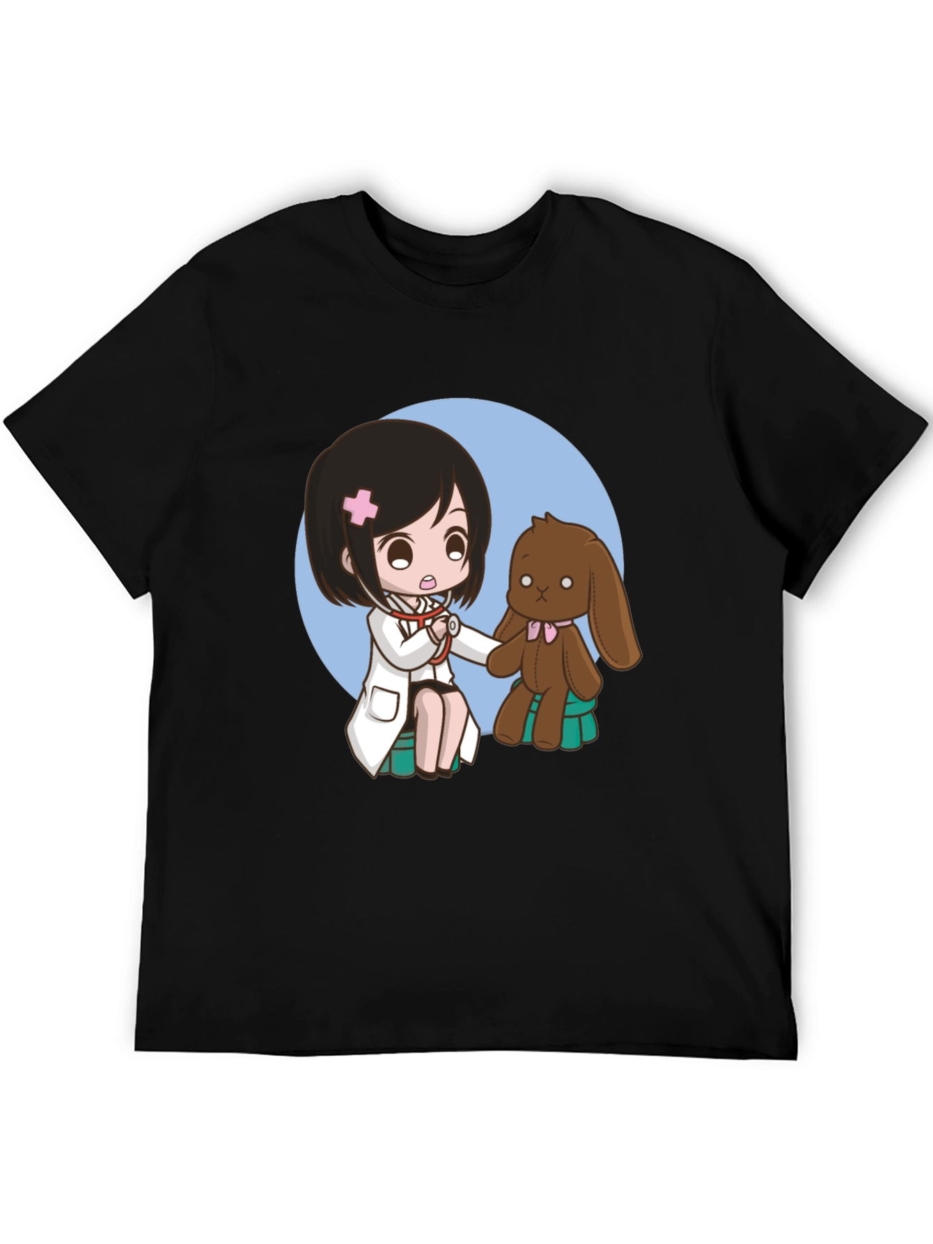 Camiseta Negra con Diseño de Doctora y Peluche