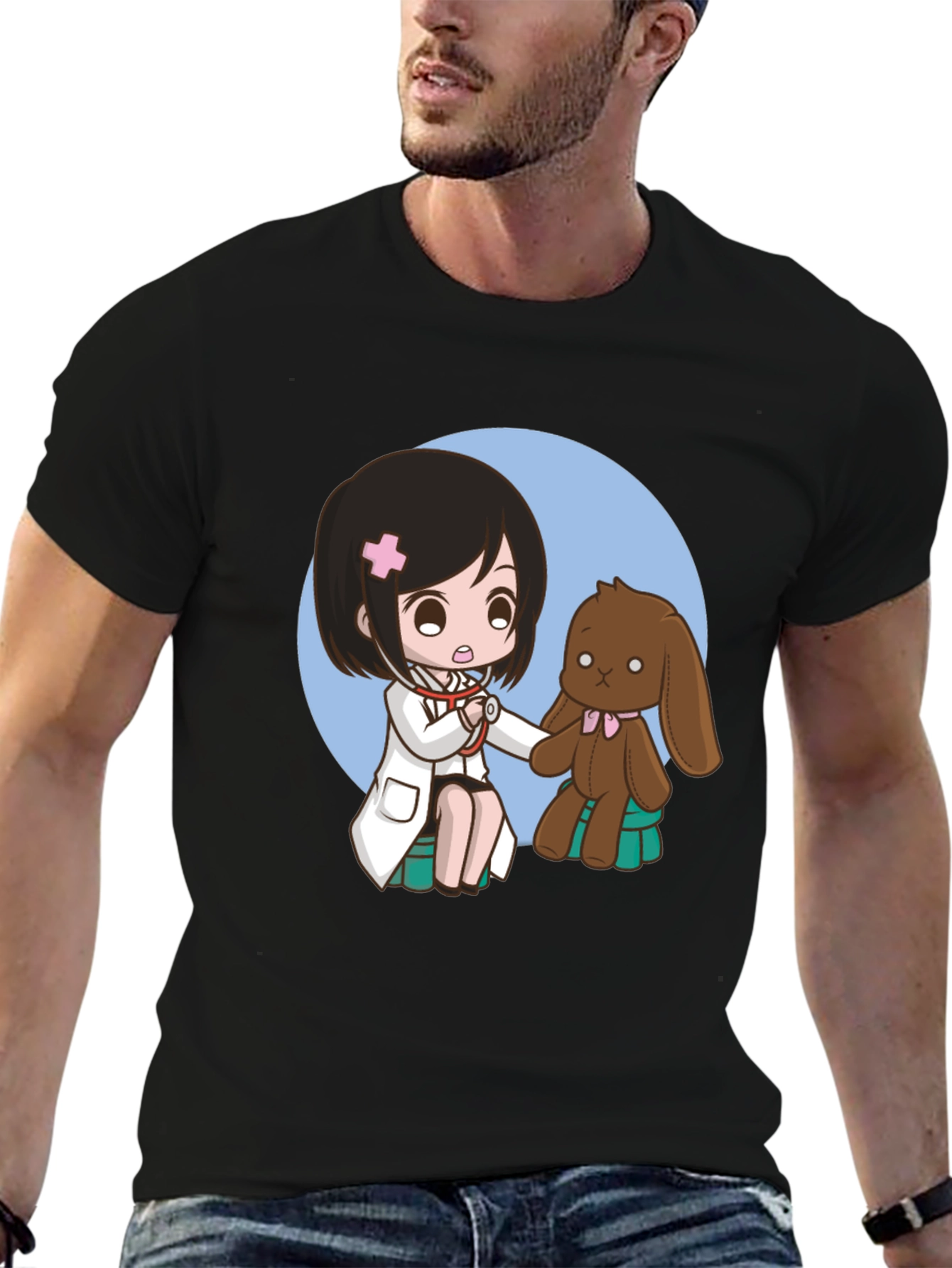 Camiseta Negra con Diseño de Doctora y Peluche