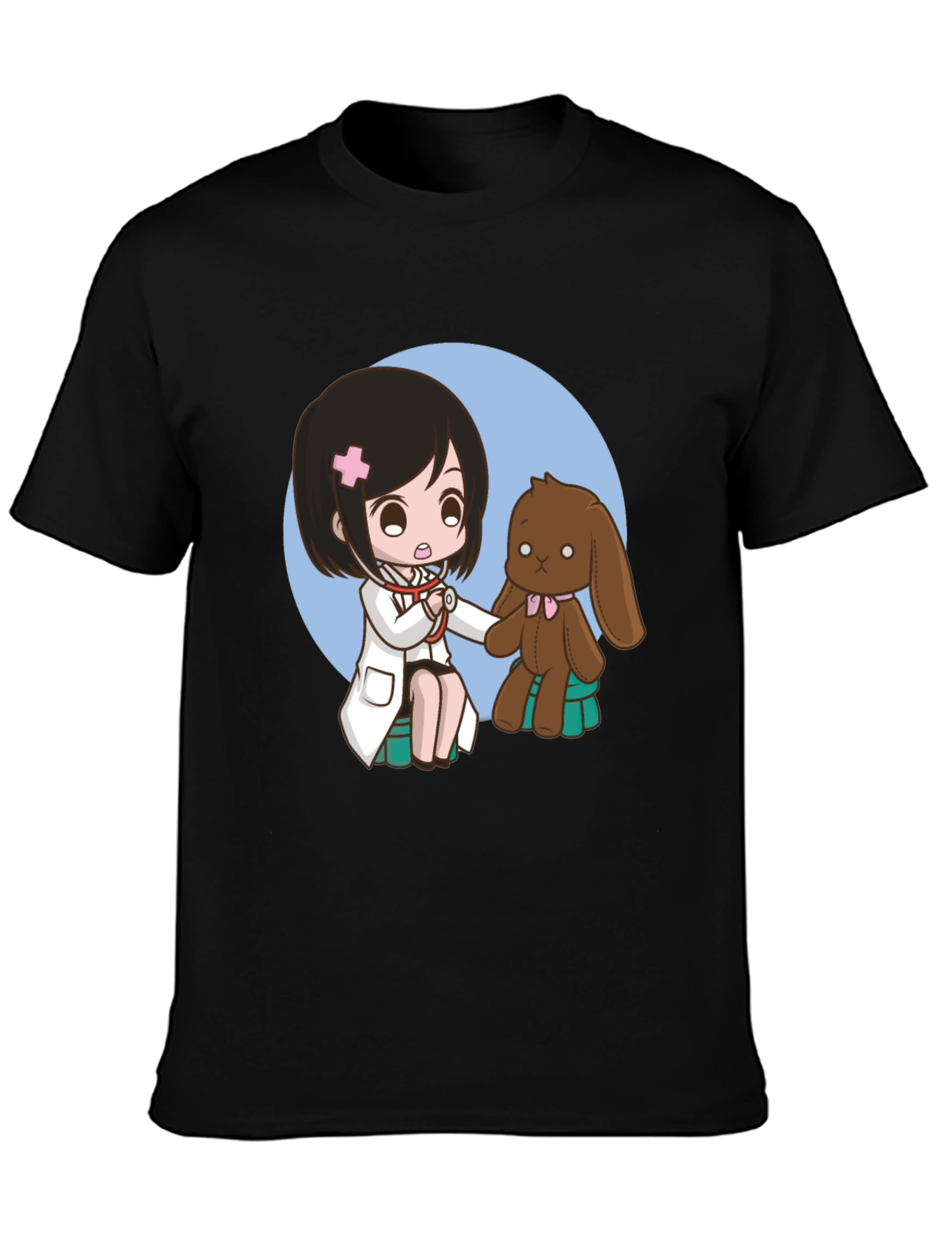 Camiseta Negra con Diseño de Doctora y Peluche