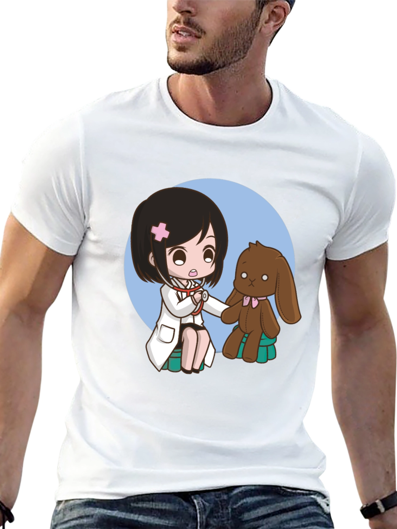 Camiseta Negra con Diseño de Doctora y Peluche