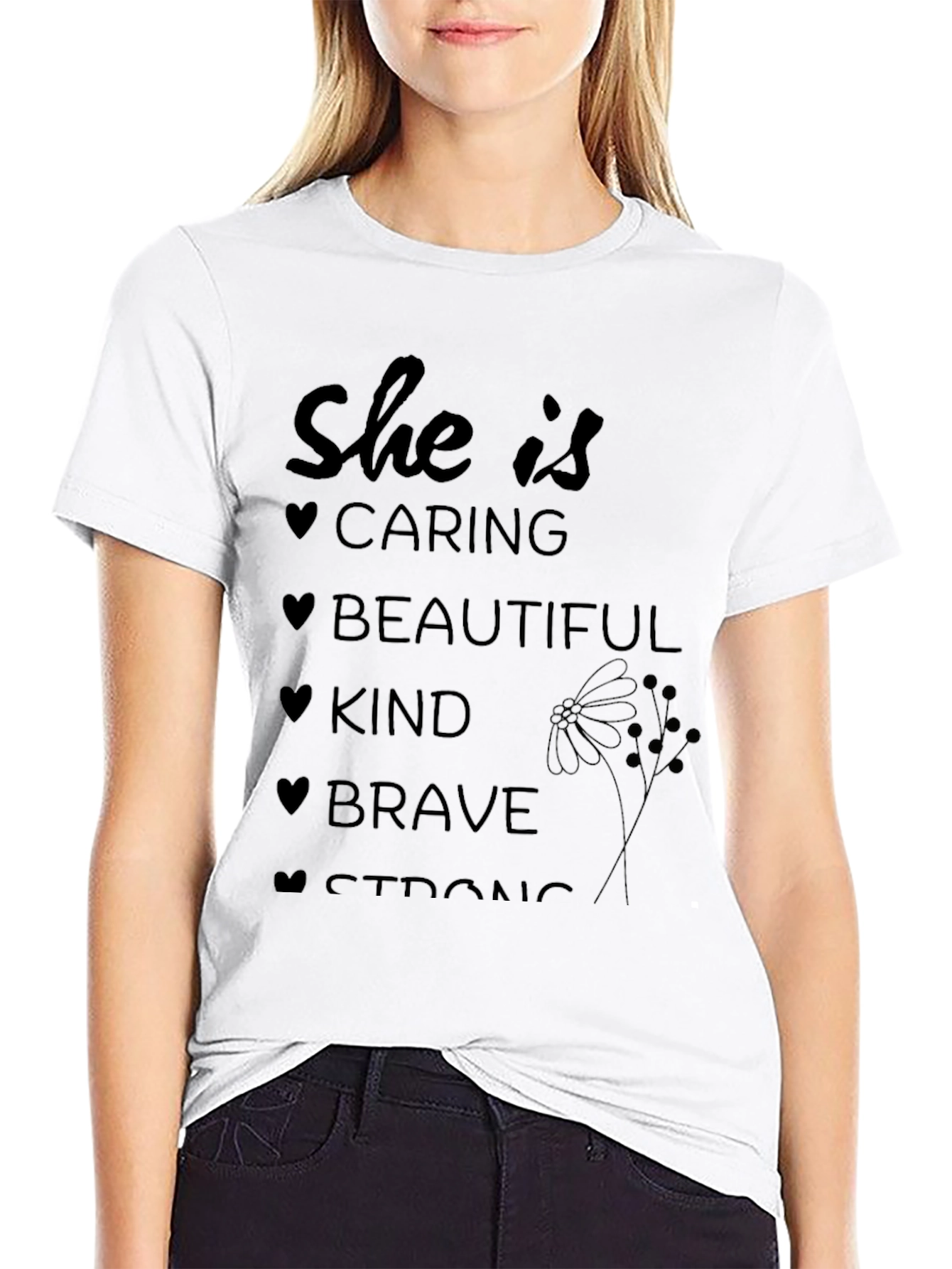 Camiseta Negra: Cariñosa Bella Amable Valiente Fuerte