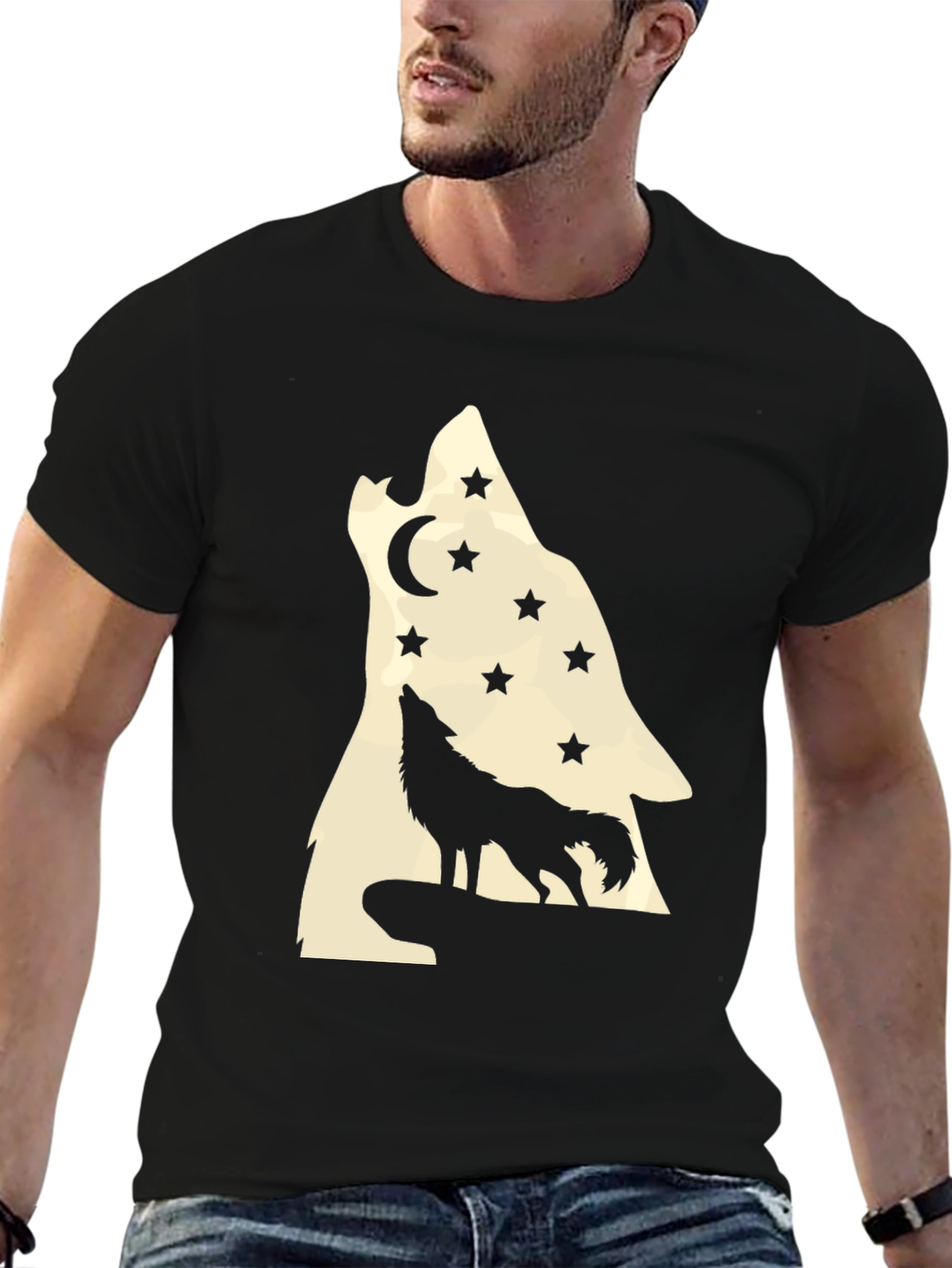 Camiseta Negra Hombre Lobo Aullando a la Luna