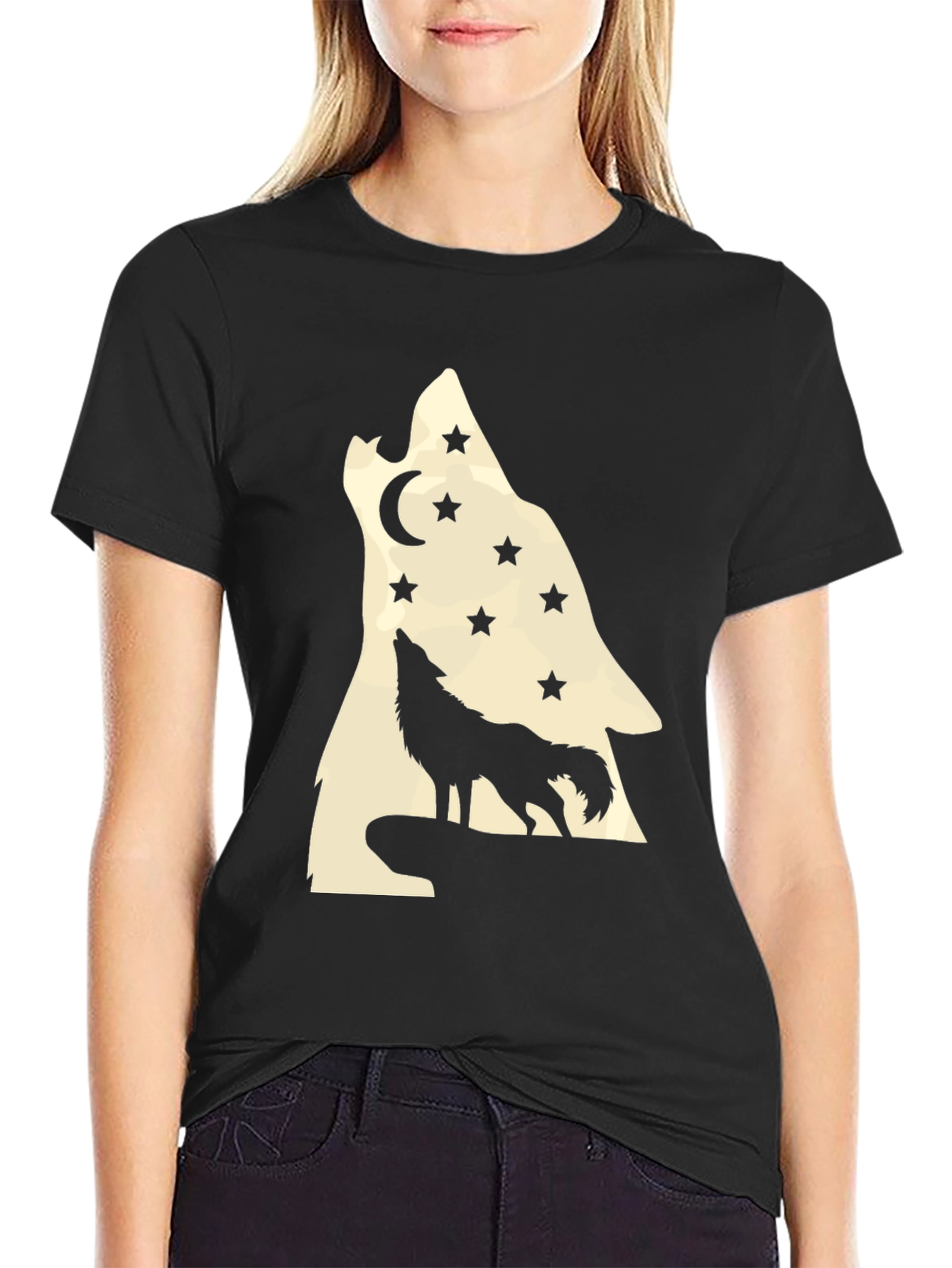 Camiseta Negra Hombre Lobo Aullando a la Luna
