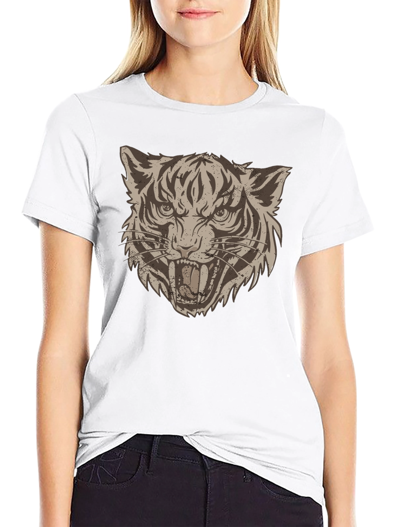 Camiseta Negra con Estampado de Tigre Rugiente