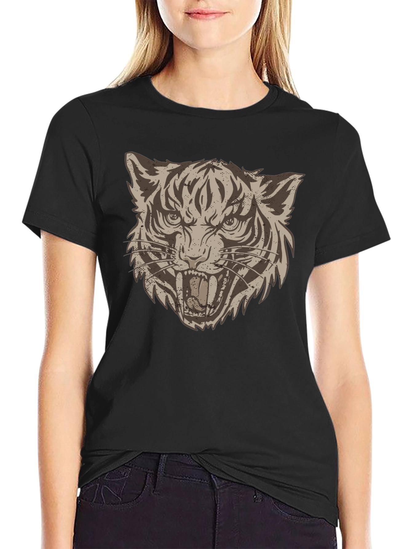 Camiseta Negra con Estampado de Tigre Rugiente