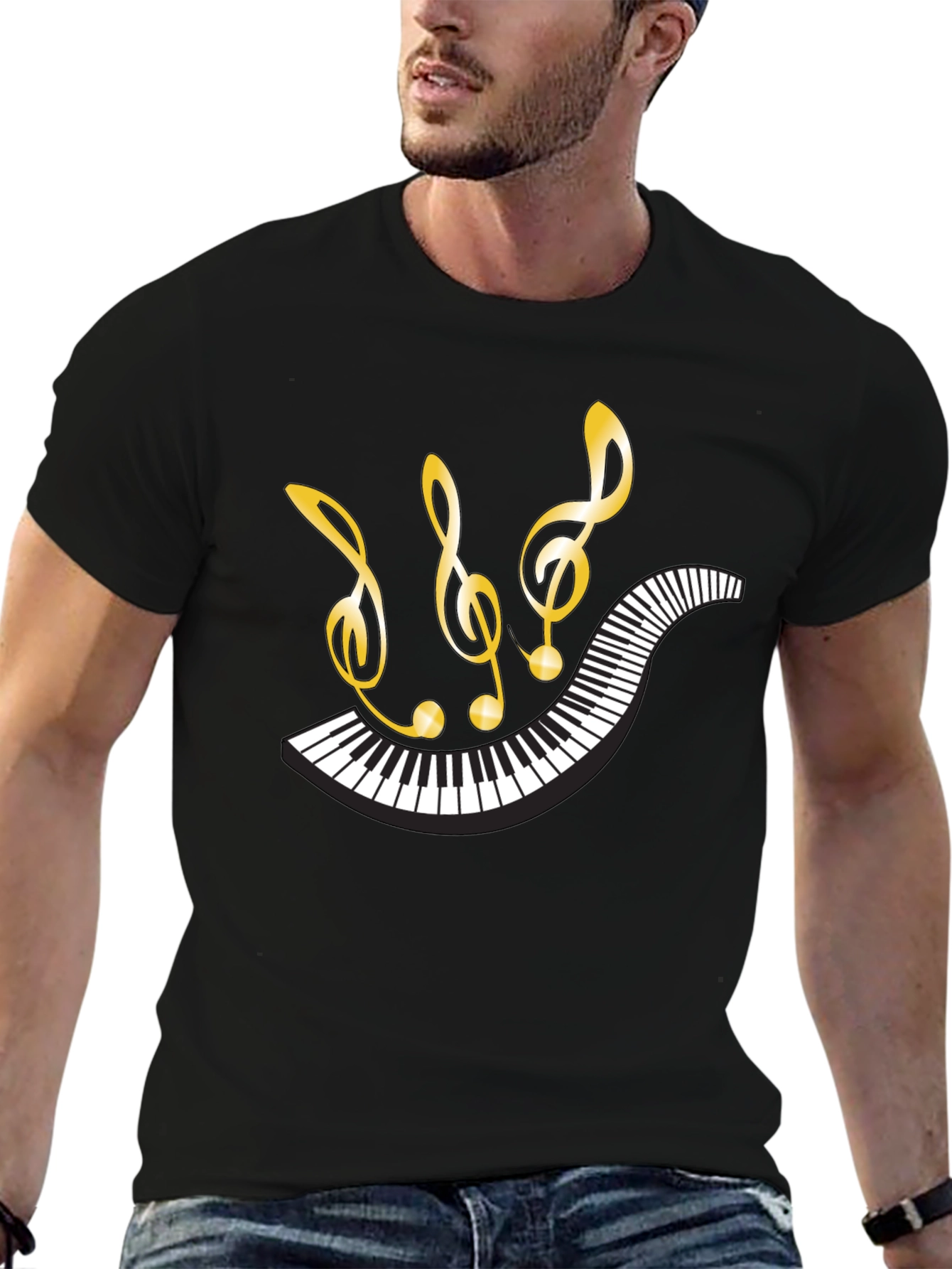 Camiseta Negra con Diseño Musical Piano y Notas
