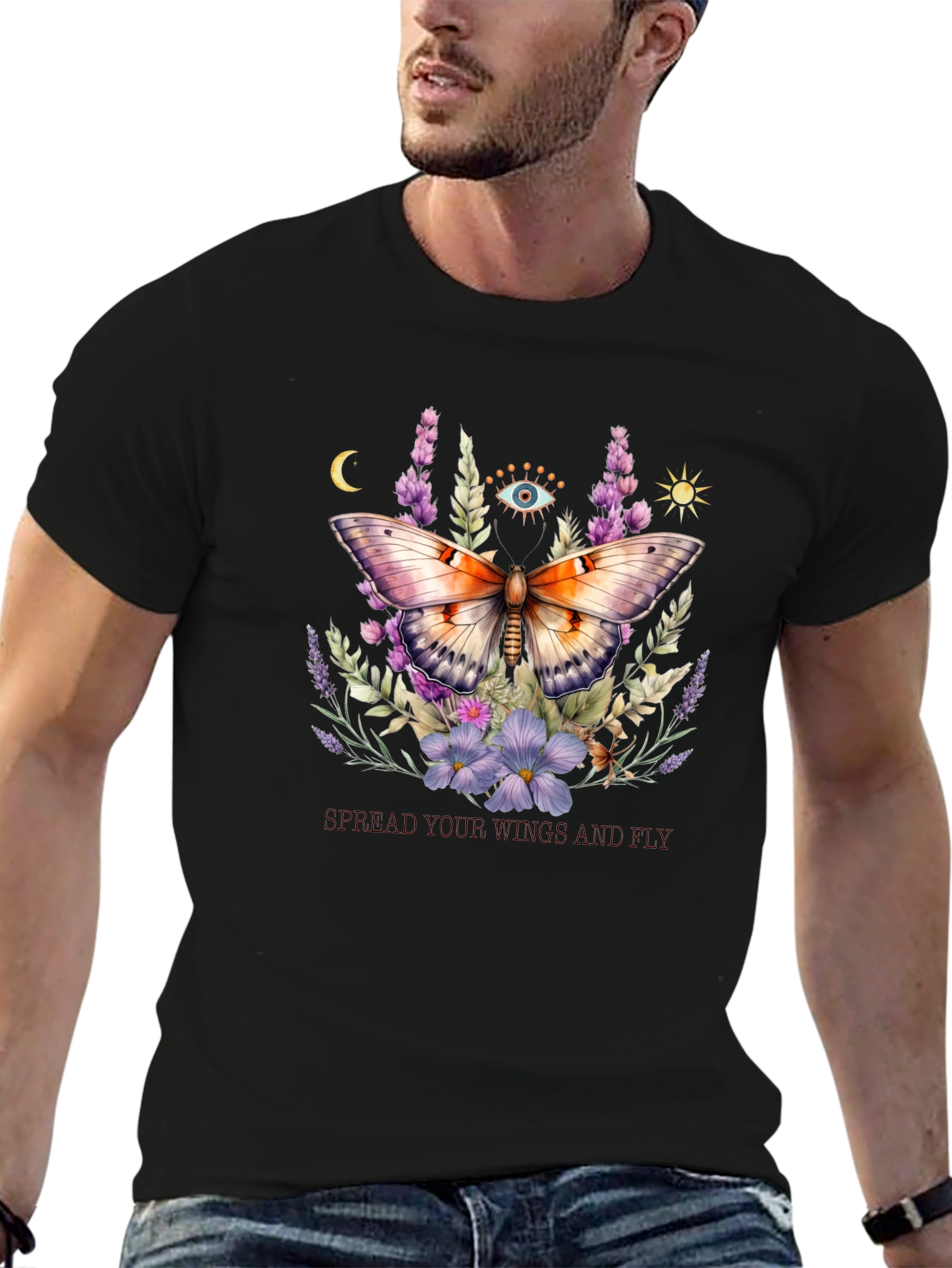 Camiseta Negra con Mariposa Floral Mística