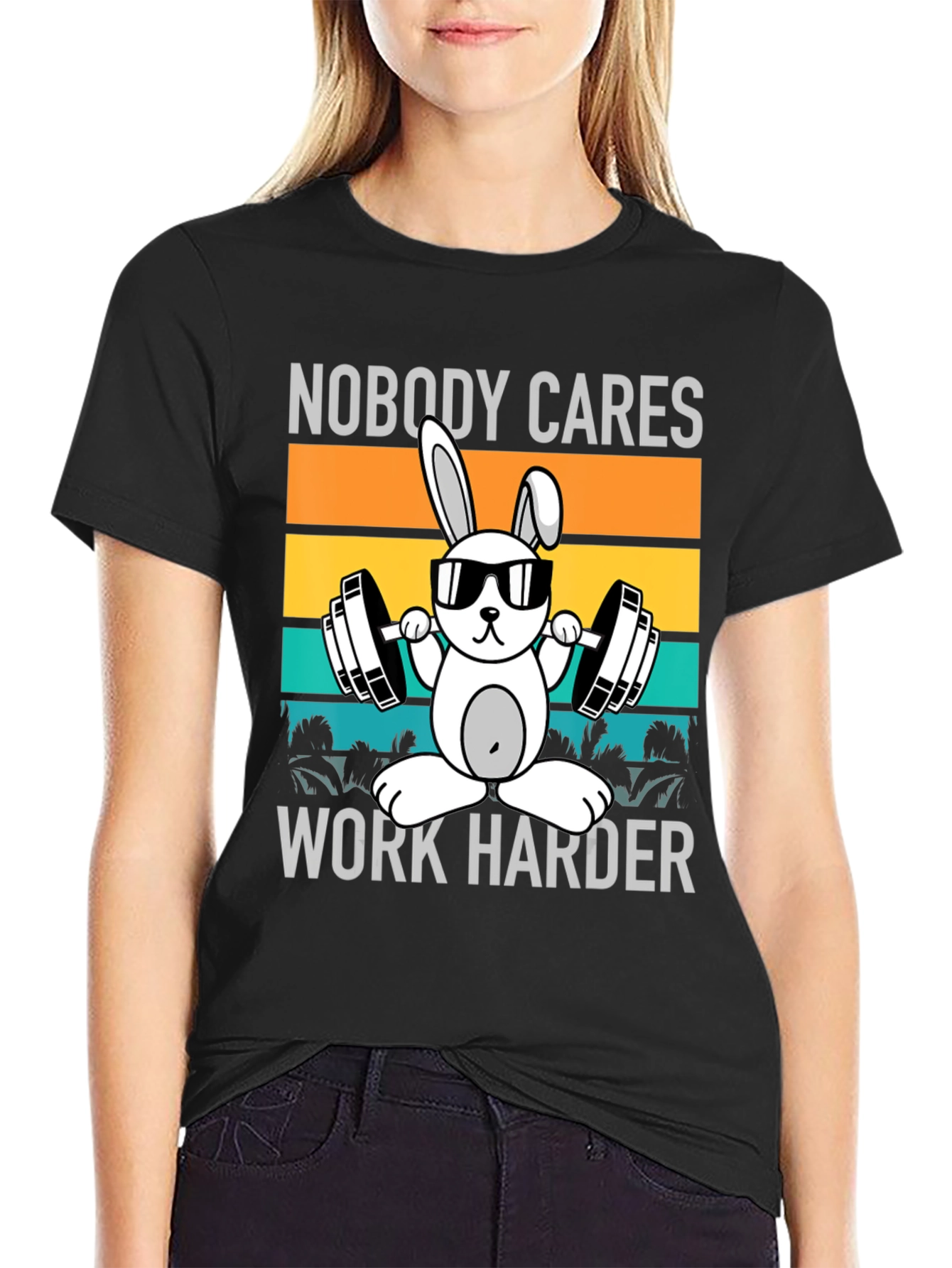 Camiseta Unisex Conejo Gimnasio Nobody Cares Work Harder