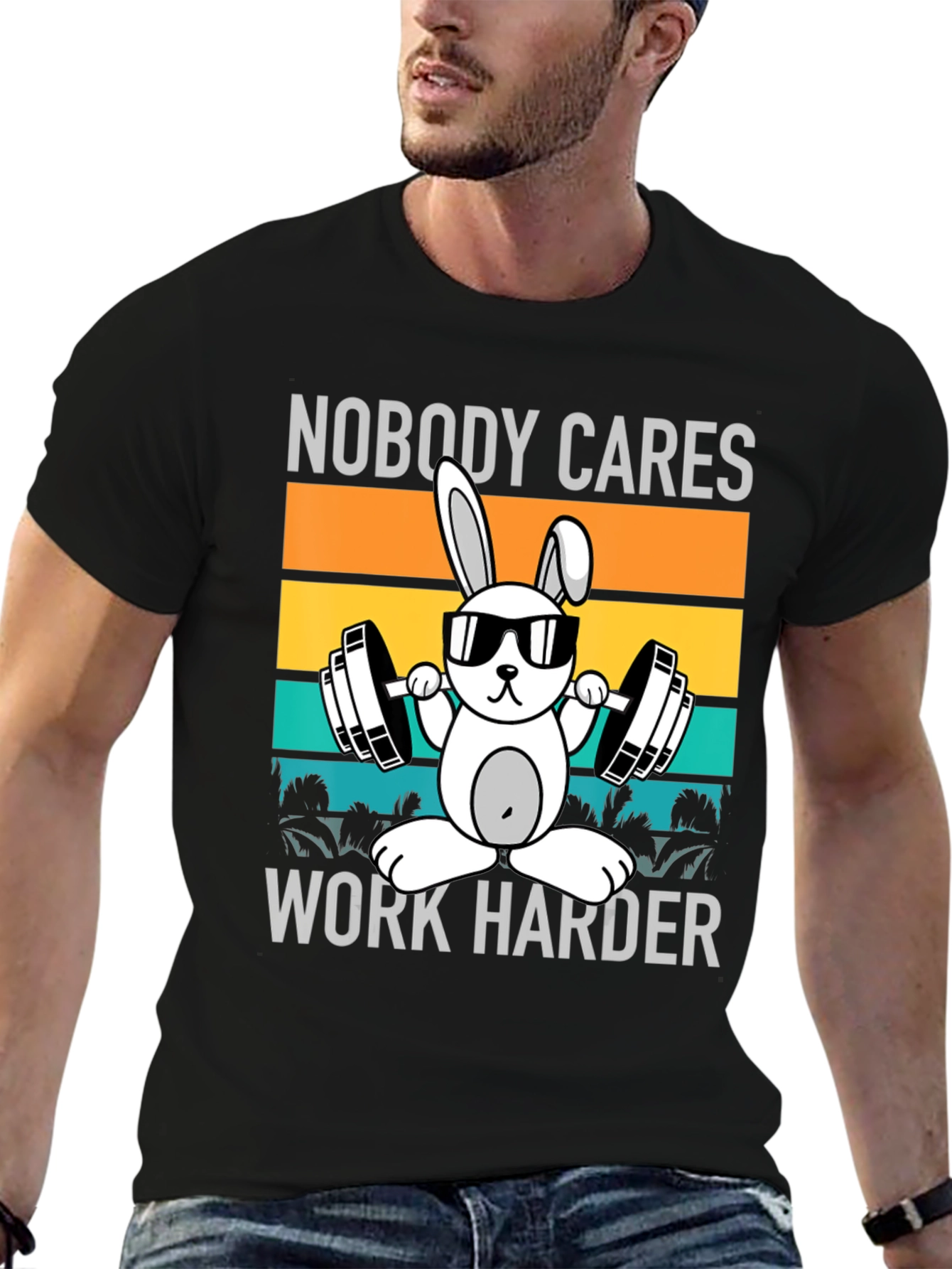 Camiseta Unisex Conejo Gimnasio Nobody Cares Work Harder