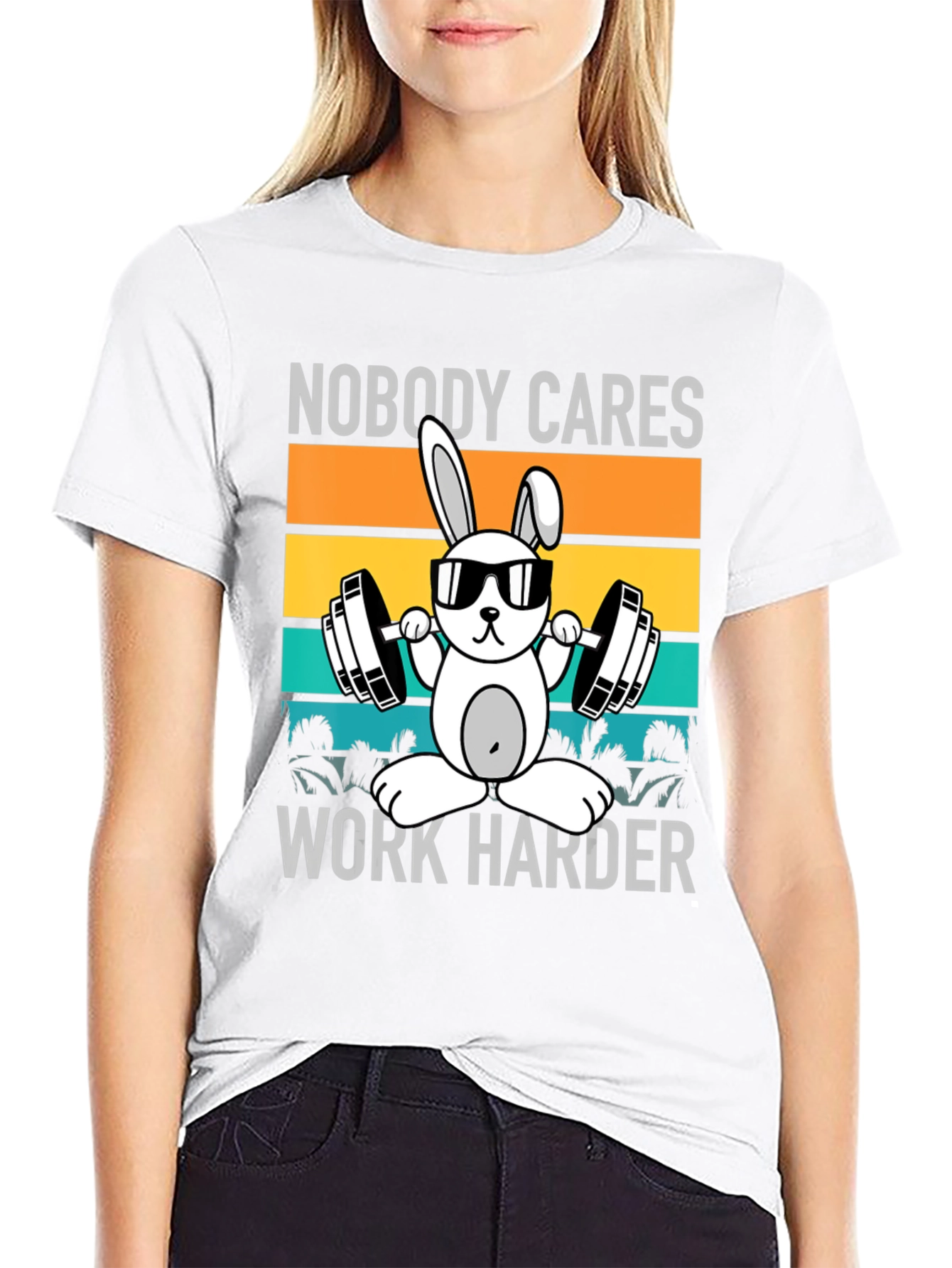 Camiseta Unisex Conejo Gimnasio Nobody Cares Work Harder