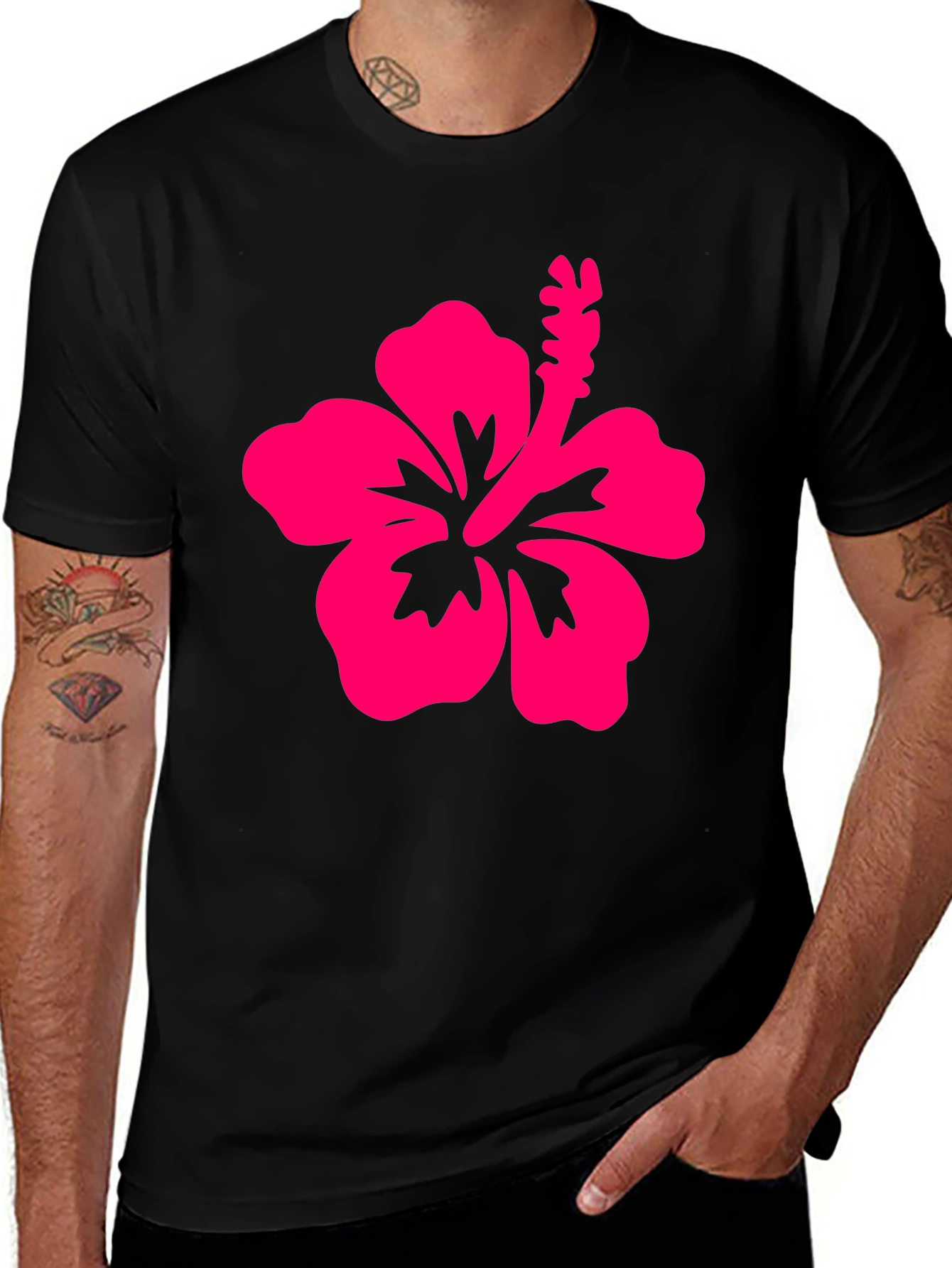 Camiseta Negra con Hibisco Rosa