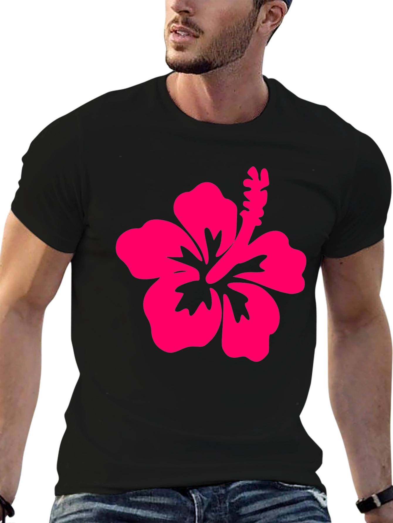 Camiseta Negra con Hibisco Rosa
