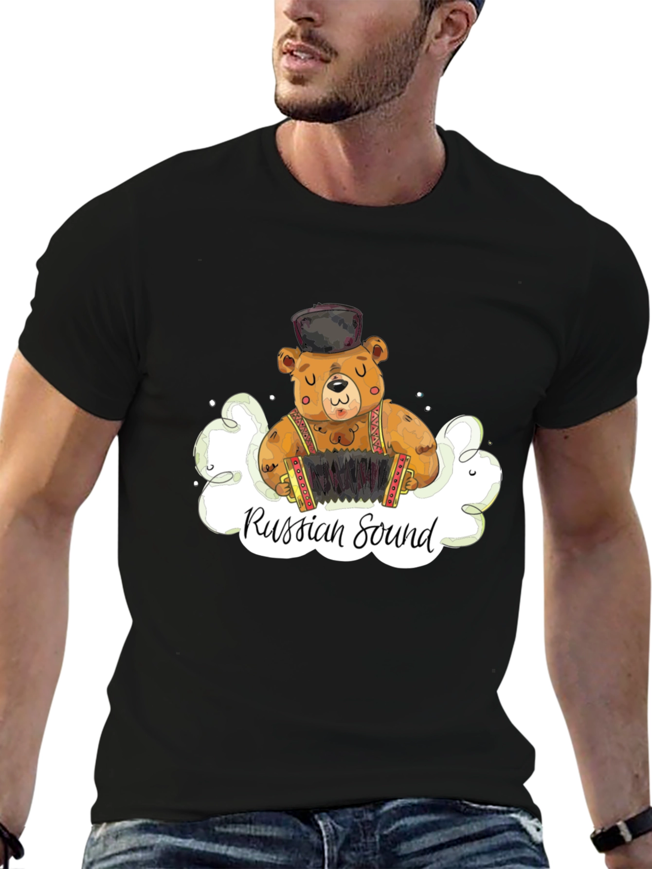Camiseta Negra Oso Acordeón Sonido Ruso