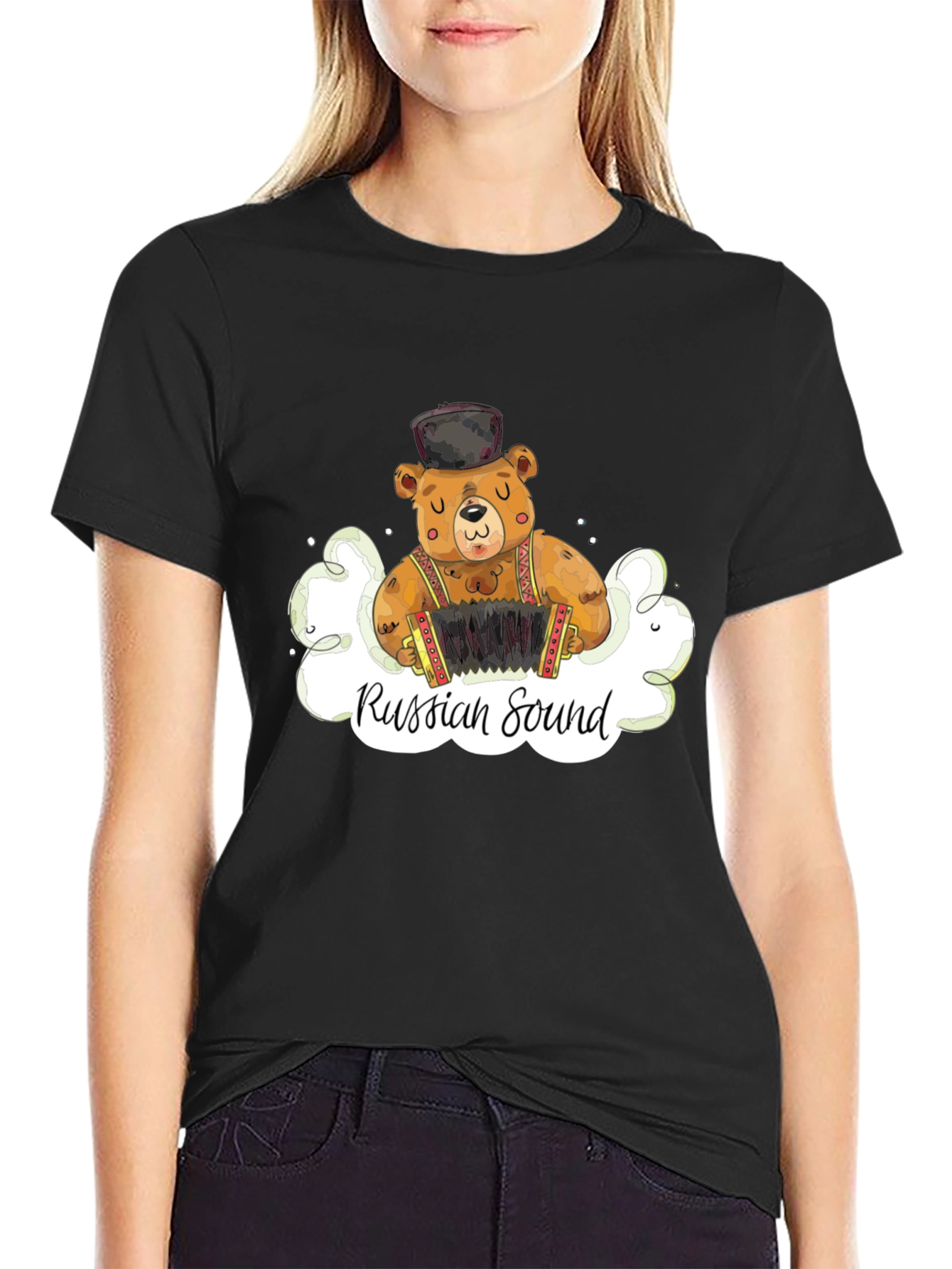 Camiseta Negra Oso Acordeón Sonido Ruso