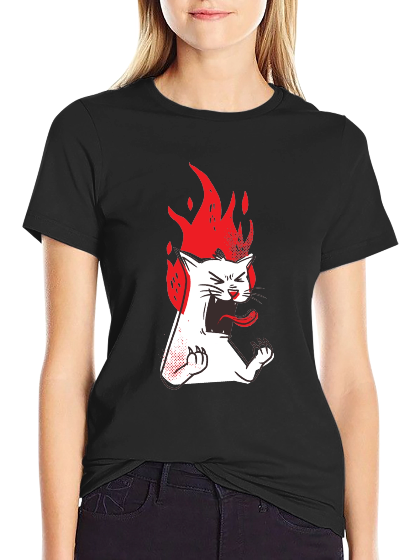 Camiseta Negra con Gato en Llamas para Hombre