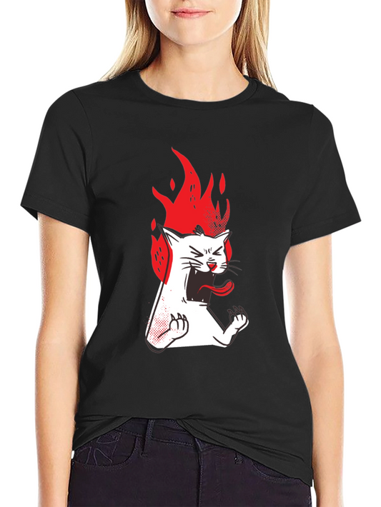 Camiseta Negra con Gato en Llamas para Hombre