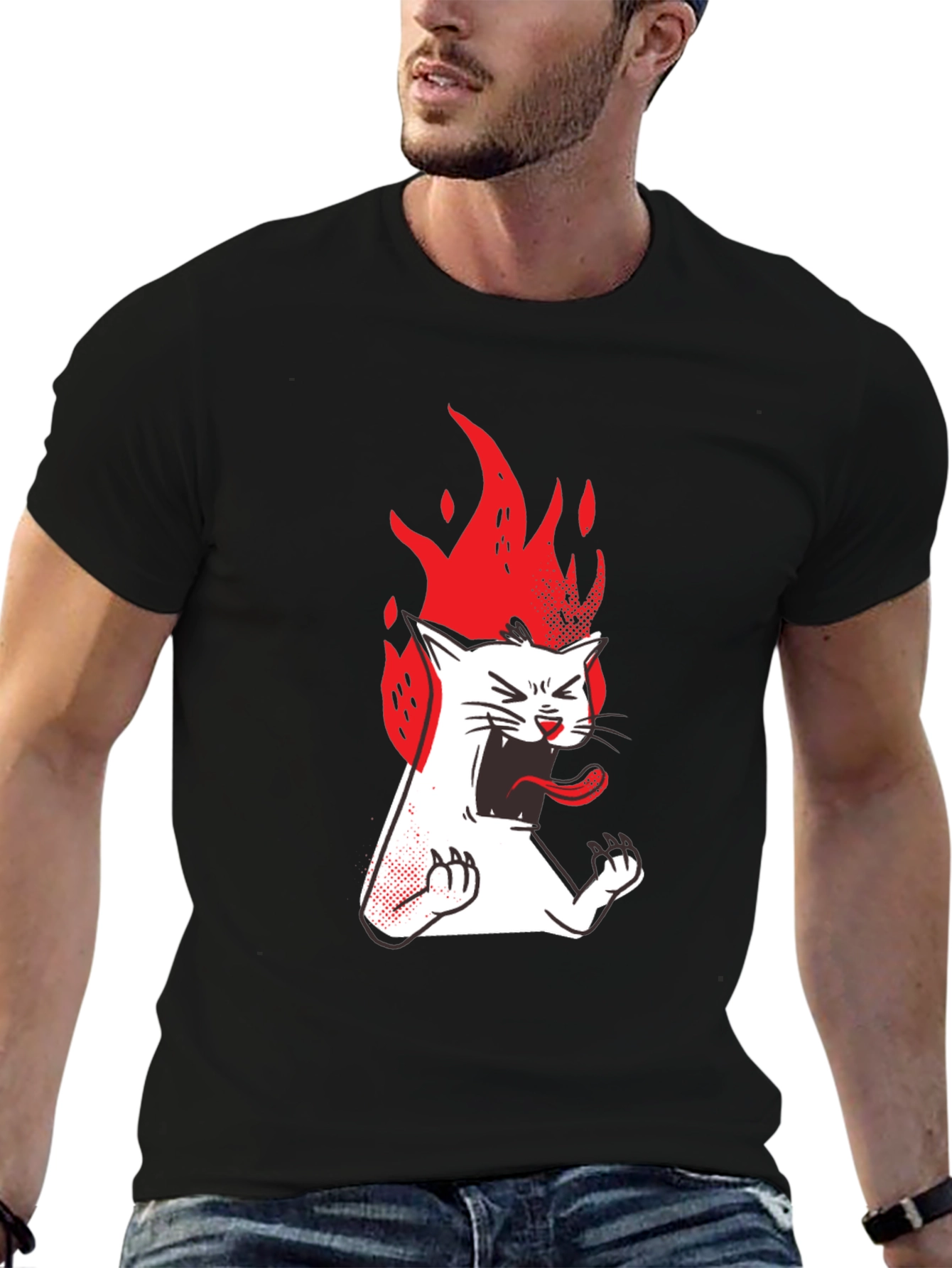Camiseta Negra con Gato en Llamas para Hombre