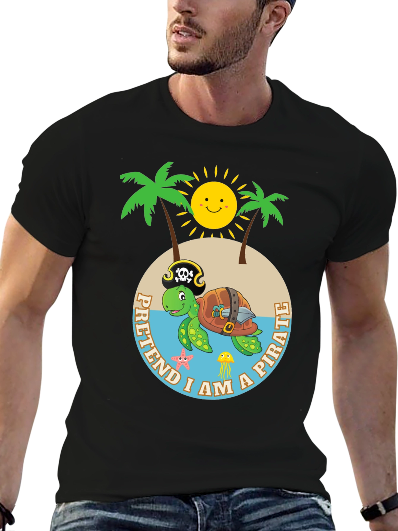 Camiseta Negra Pirata Tortuga Divertida