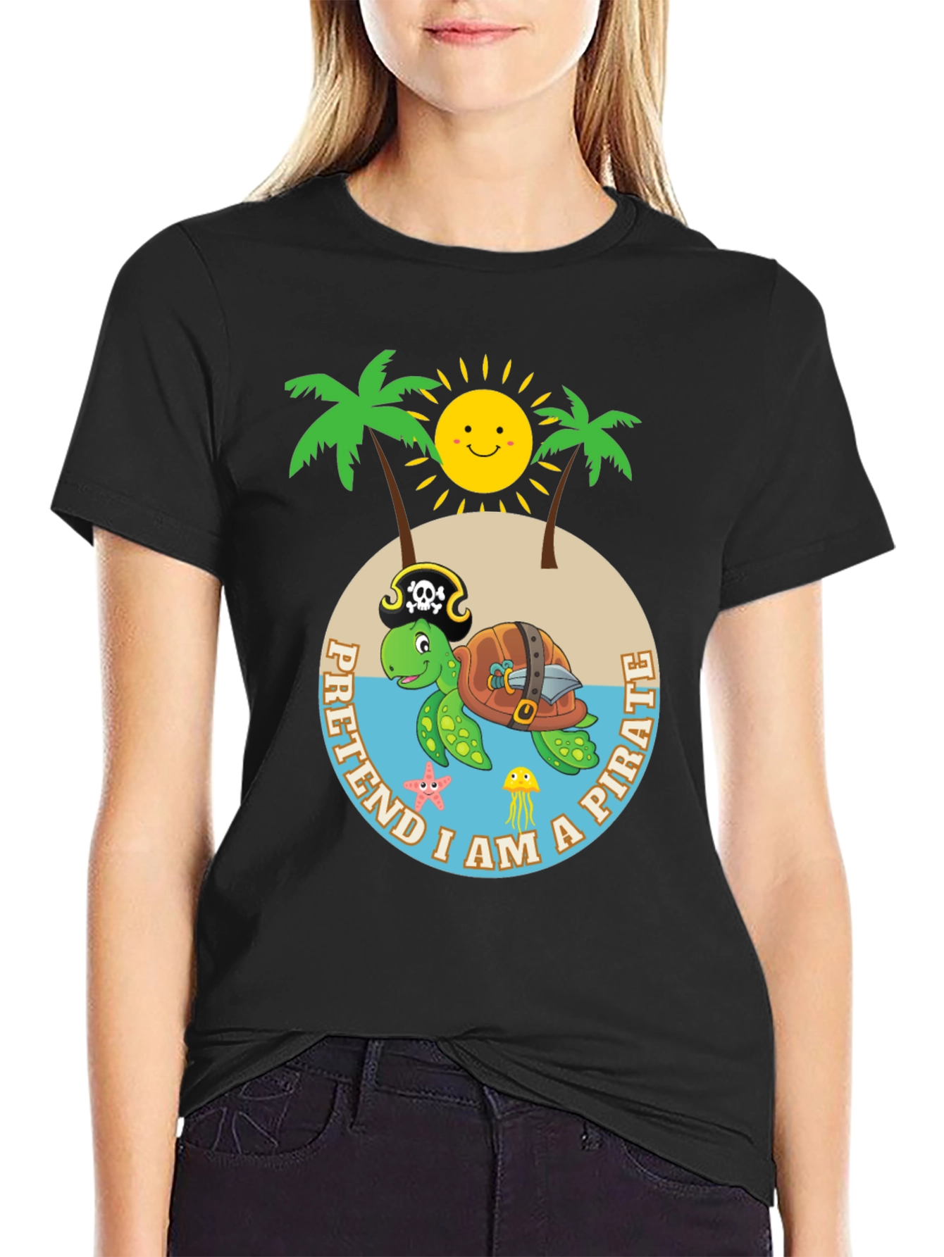 Camiseta Negra Pirata Tortuga Divertida