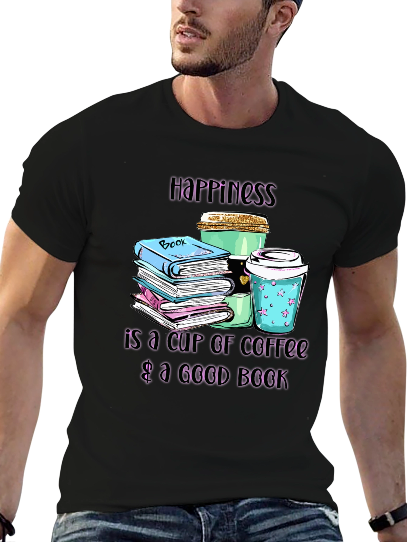 Camiseta Negra Felicidad: Café y Libros