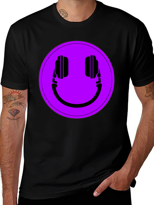Camiseta Negra con Estampado de Auriculares Sonrientes
