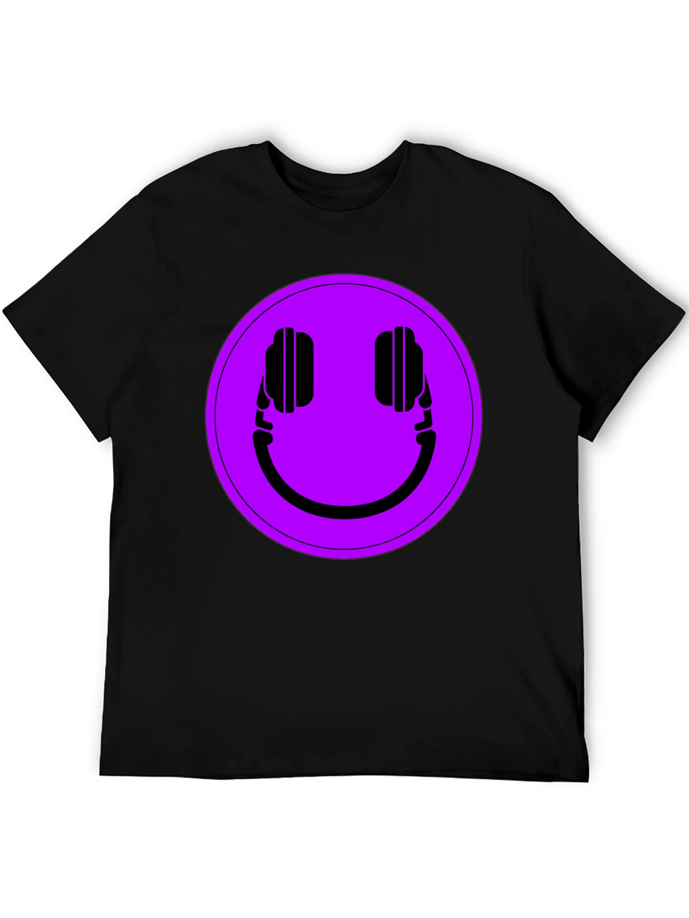 Camiseta Negra con Estampado de Auriculares Sonrientes