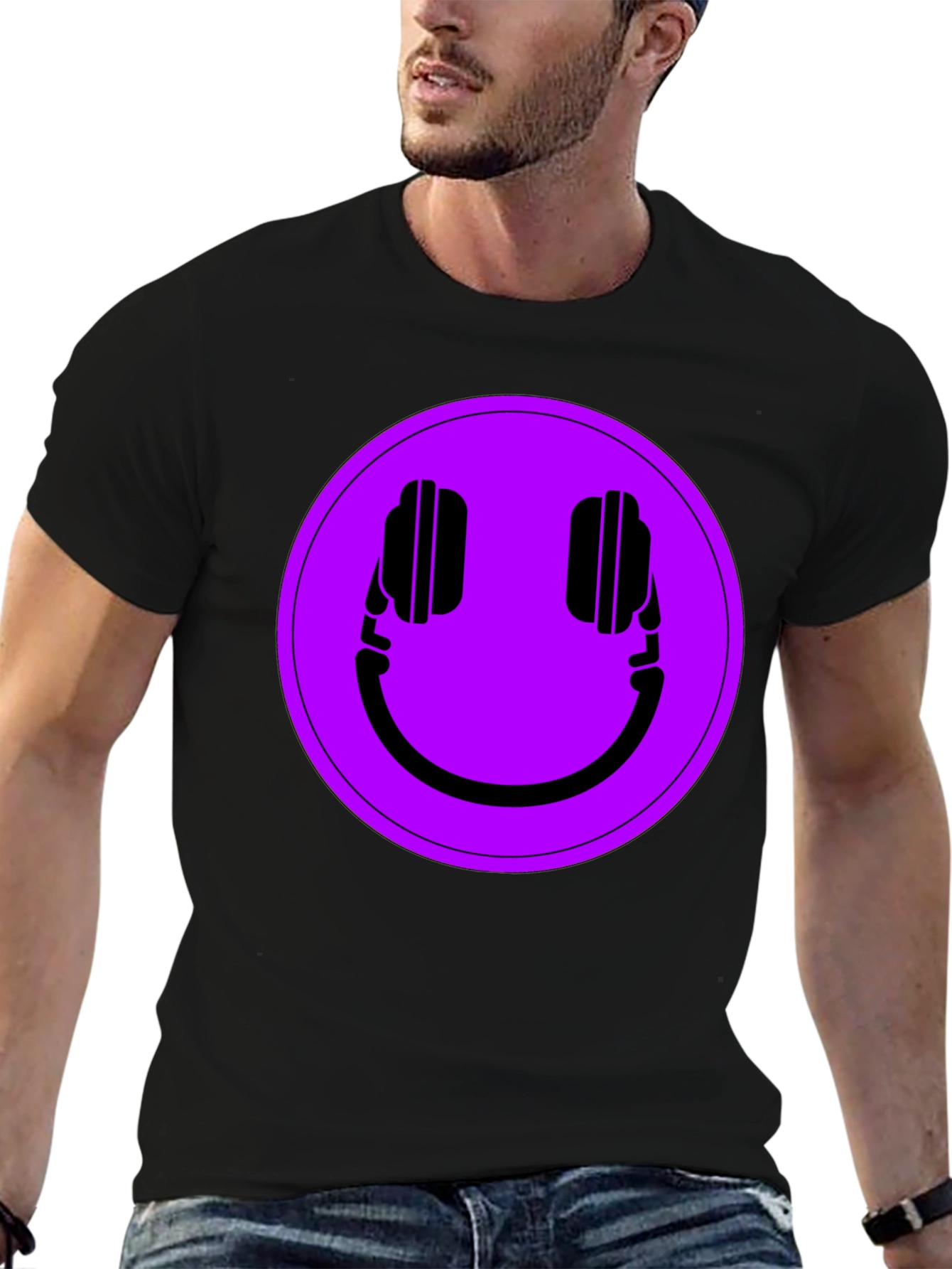 Camiseta Negra con Estampado de Auriculares Sonrientes