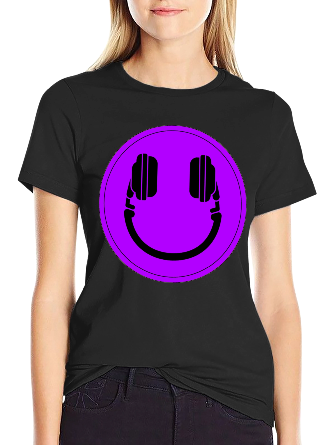 Camiseta Negra con Estampado de Auriculares Sonrientes