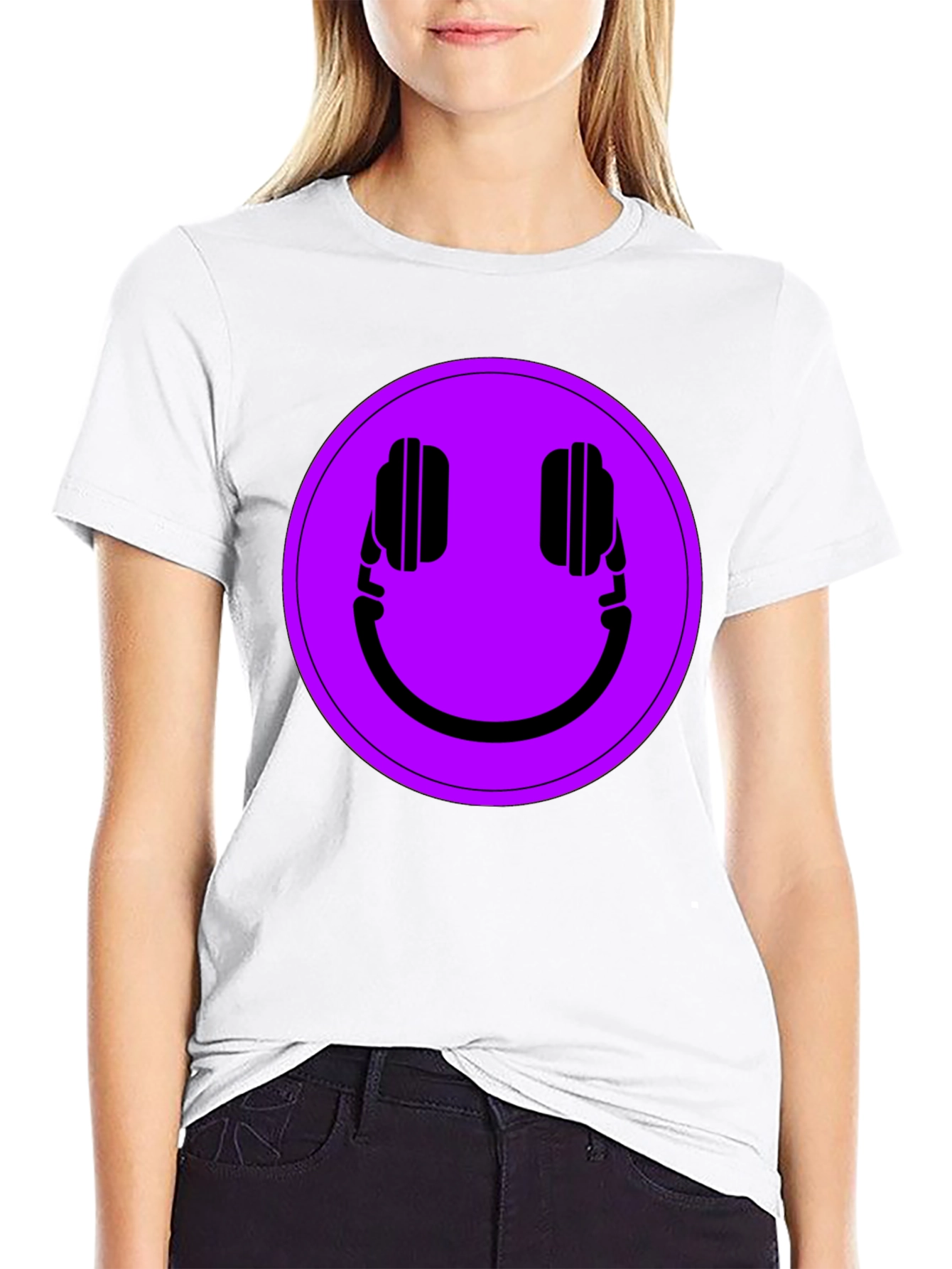 Camiseta Negra con Estampado de Auriculares Sonrientes