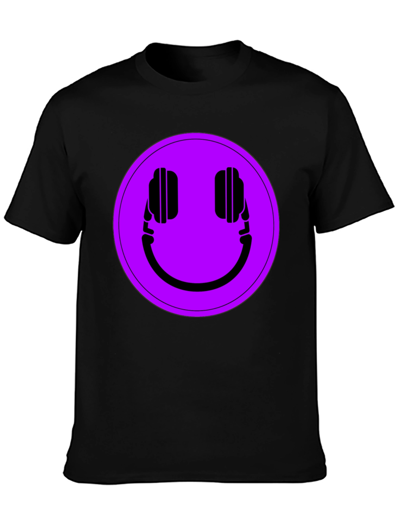 Camiseta Negra con Estampado de Auriculares Sonrientes