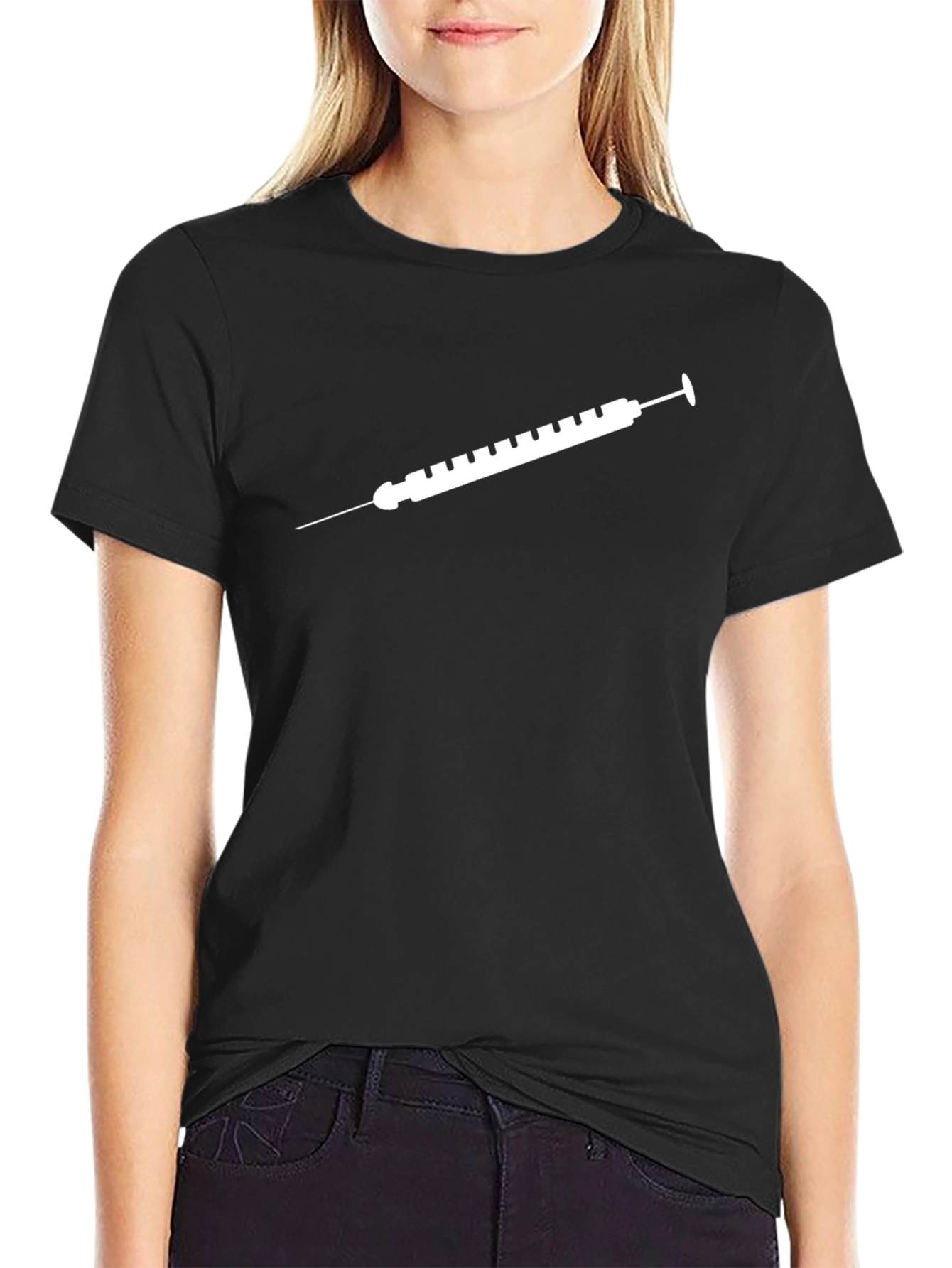 Camiseta Negra con Diseño de Jeringa Blanca