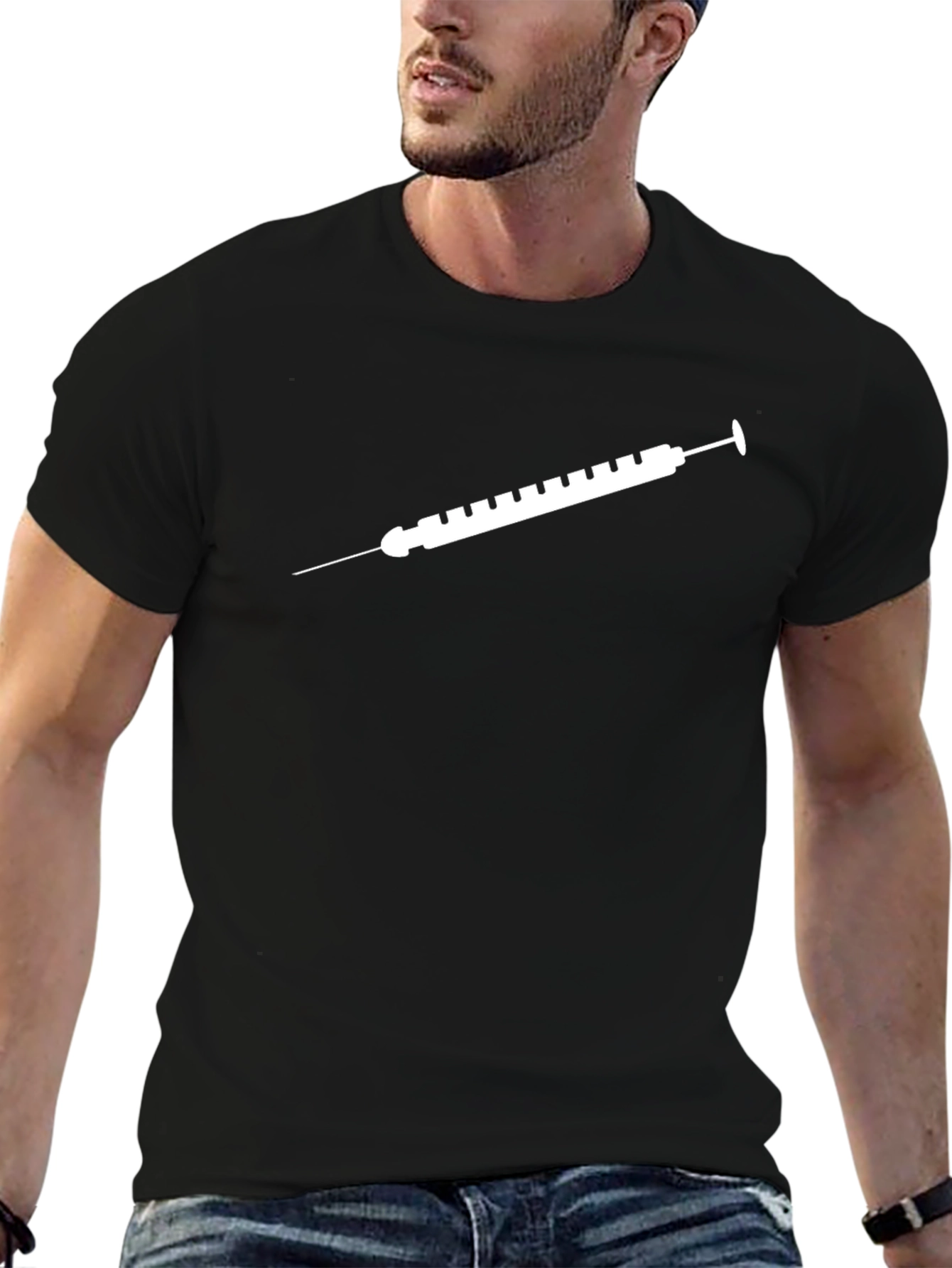 Camiseta Negra con Diseño de Jeringa Blanca