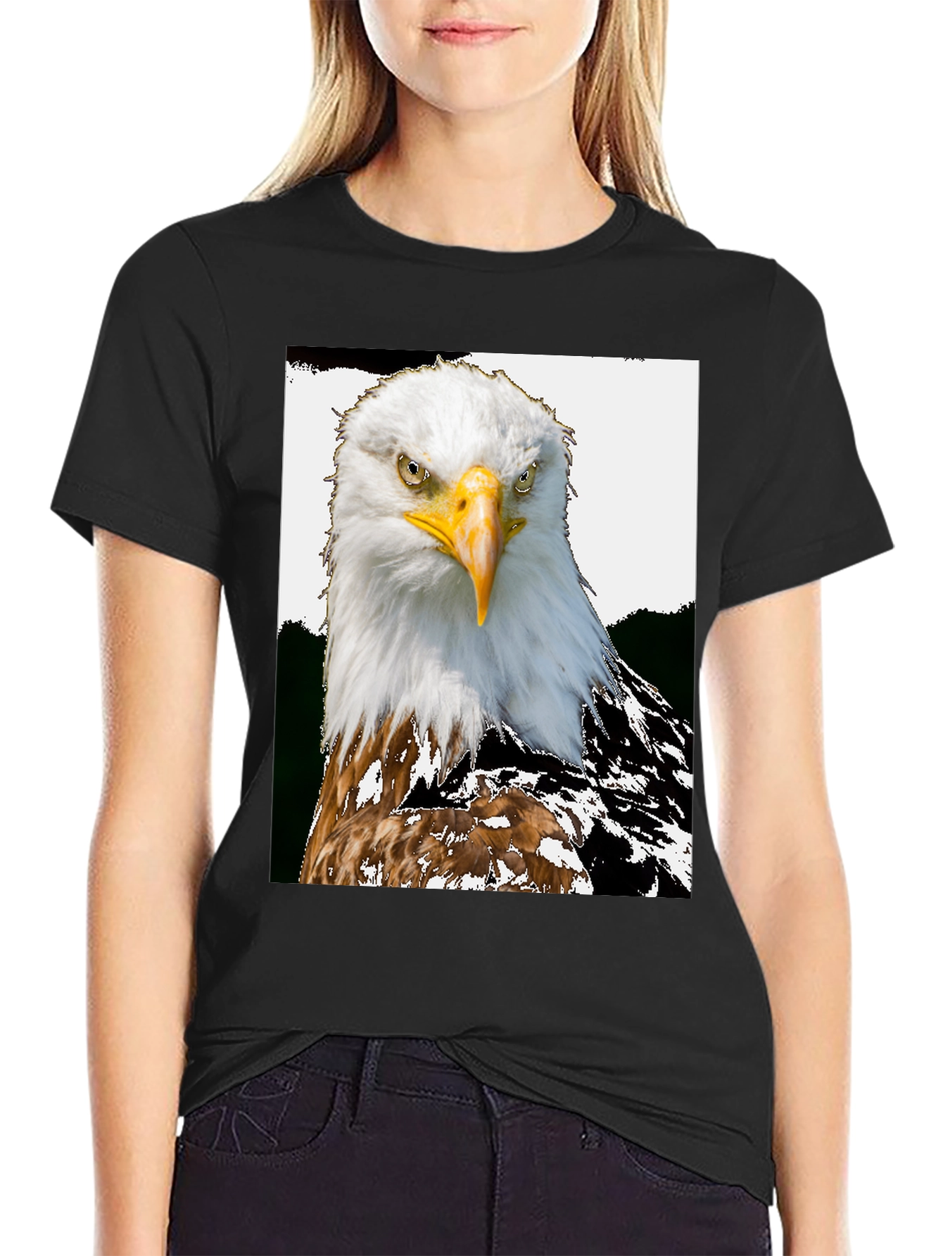 Camiseta Negra con Estampado de Águila Calva