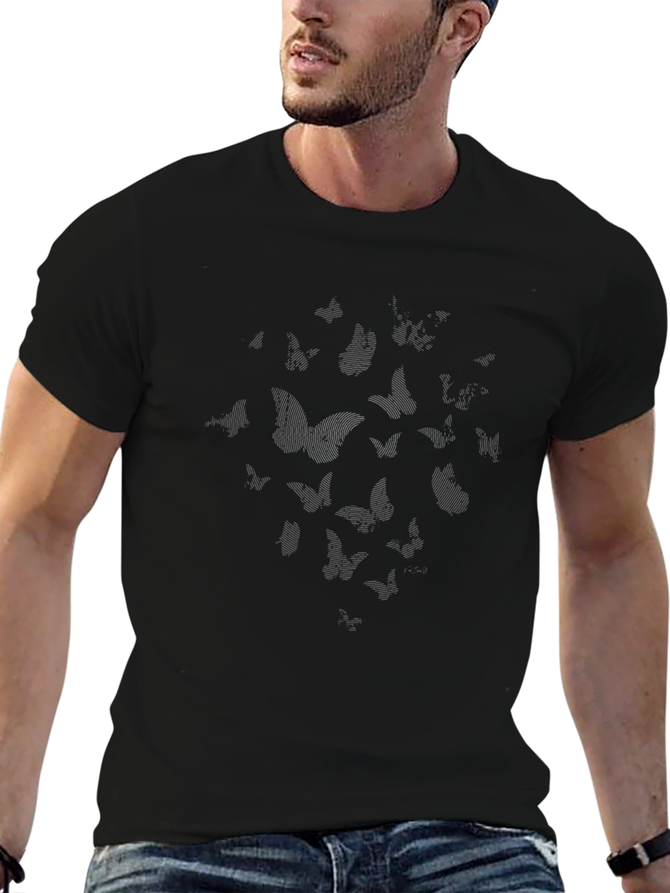 Camiseta Negra Estampado Mariposas Hombre Casual