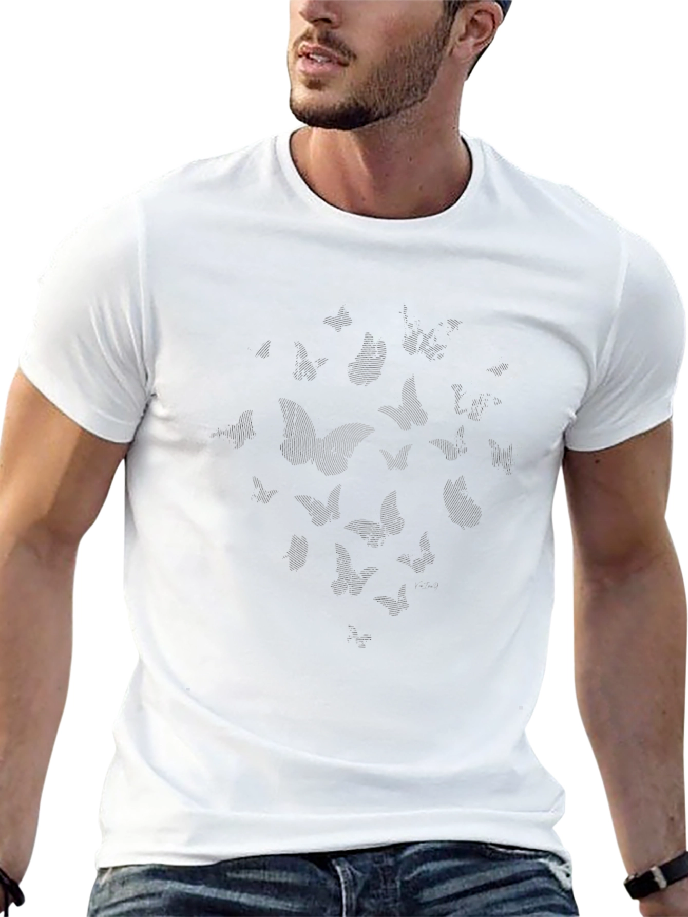 Camiseta Negra Estampado Mariposas Hombre Casual