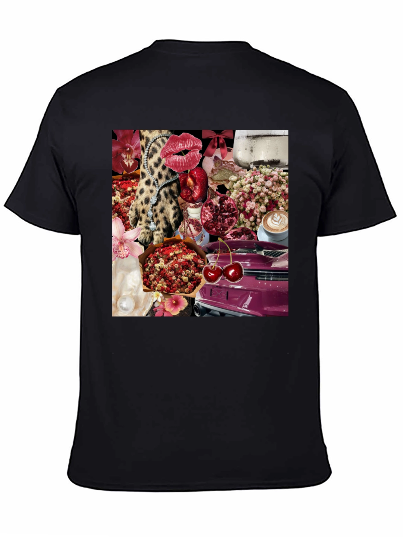 Camiseta Negra con Diseño Floral y de Lujo