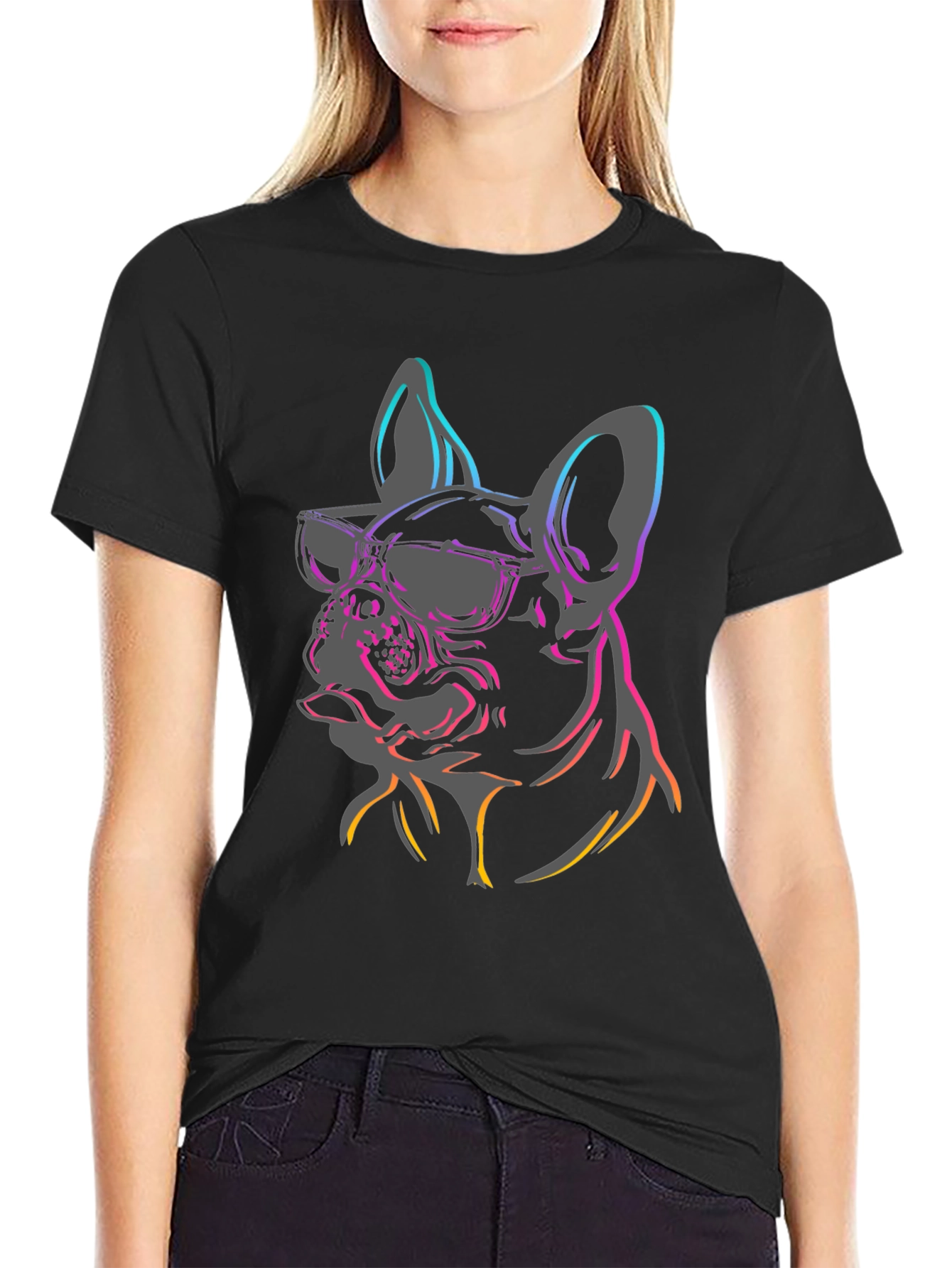 Camiseta Negra Perro Bulldog Francés con Gafas