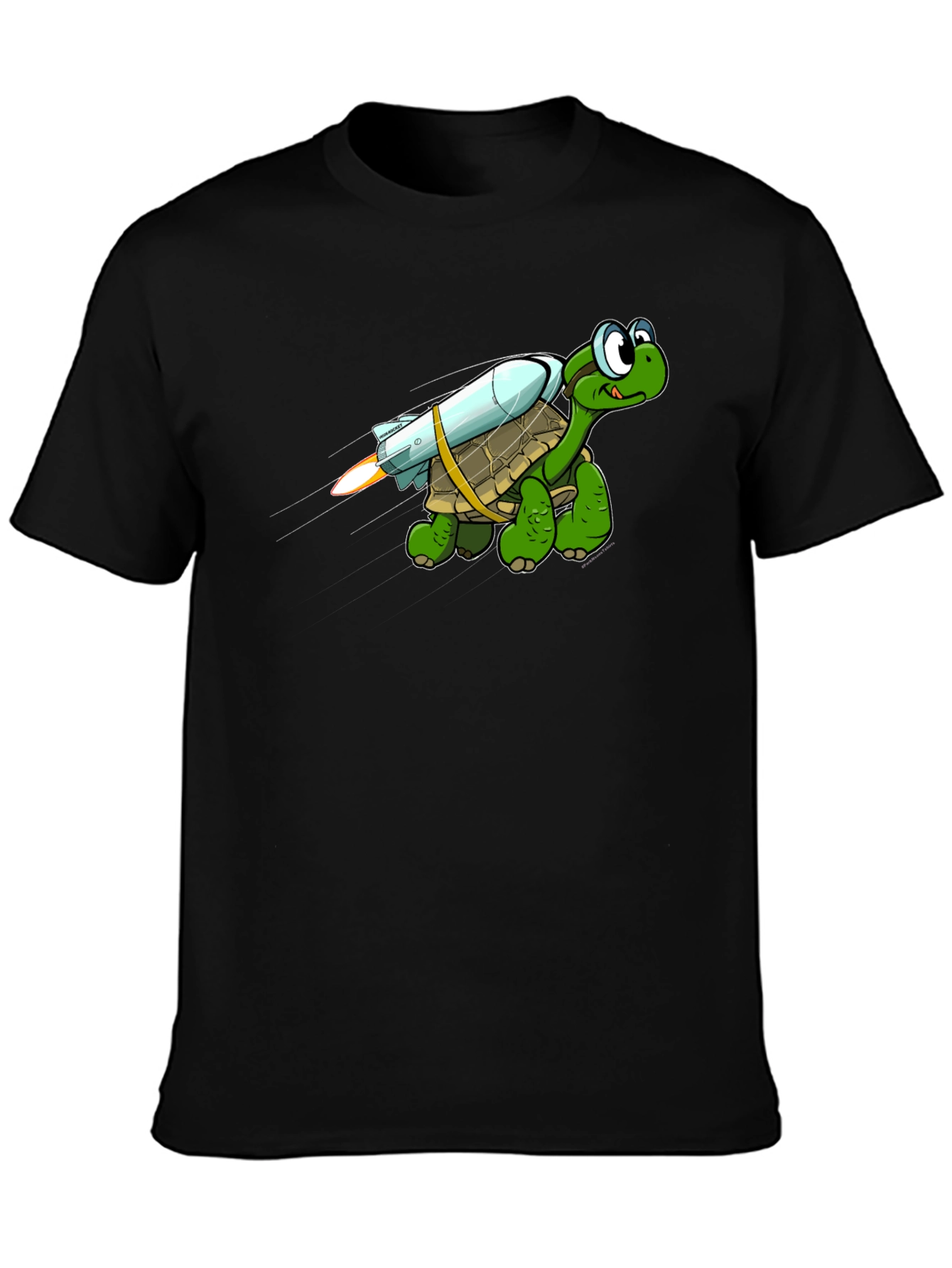 Camiseta Negra con Tortuga Cohete Divertida