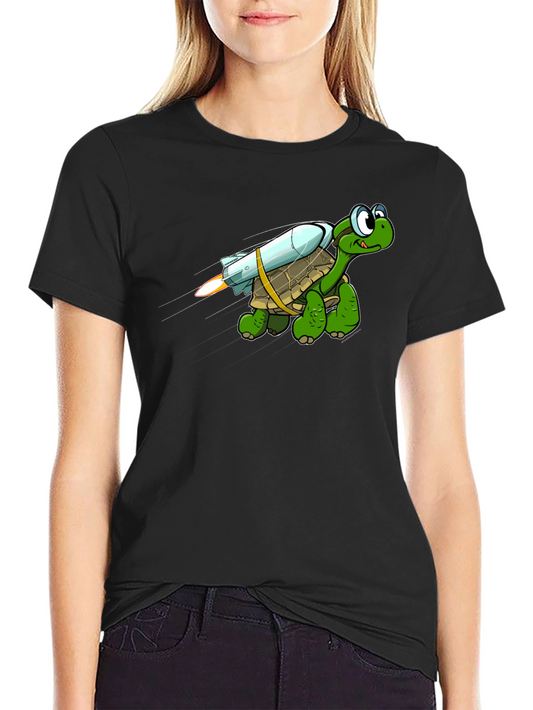 Camiseta Negra con Tortuga Cohete Divertida