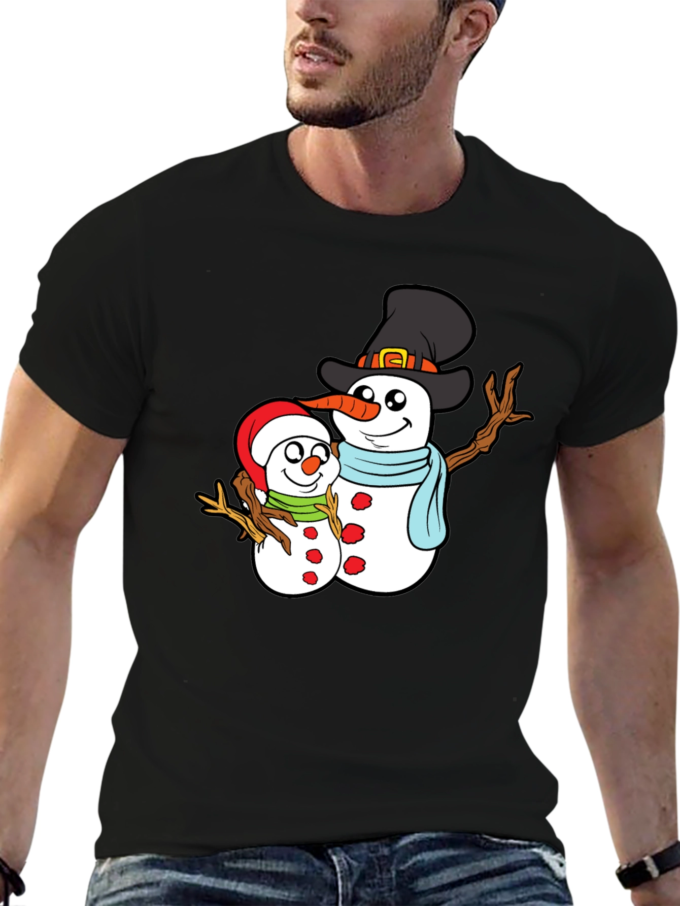 Camiseta Negra con Diseño de Muñecos de Nieve Navideños