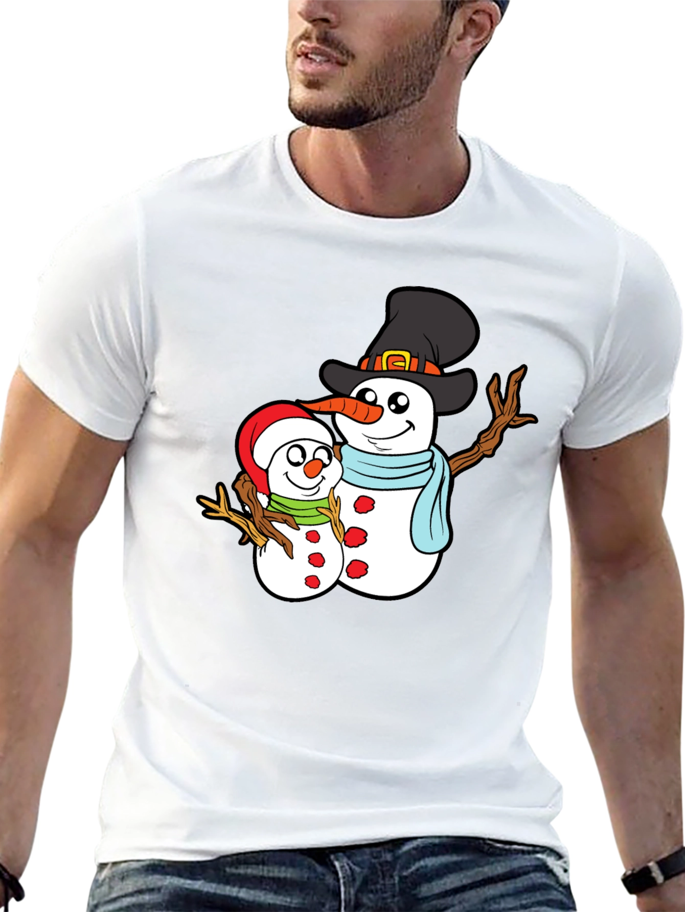 Camiseta Negra con Diseño de Muñecos de Nieve Navideños