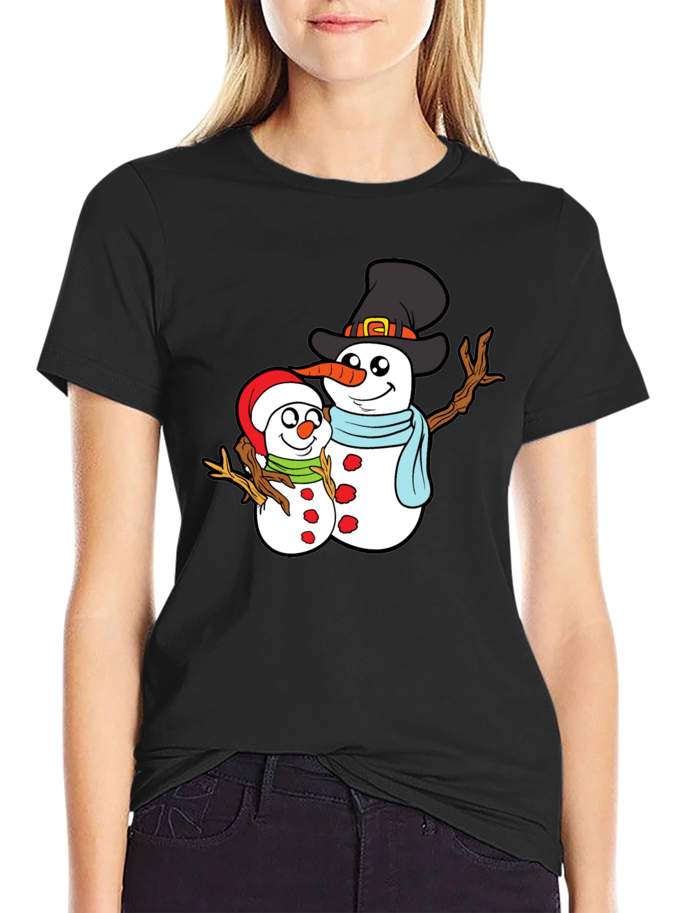 Camiseta Negra con Diseño de Muñecos de Nieve Navideños